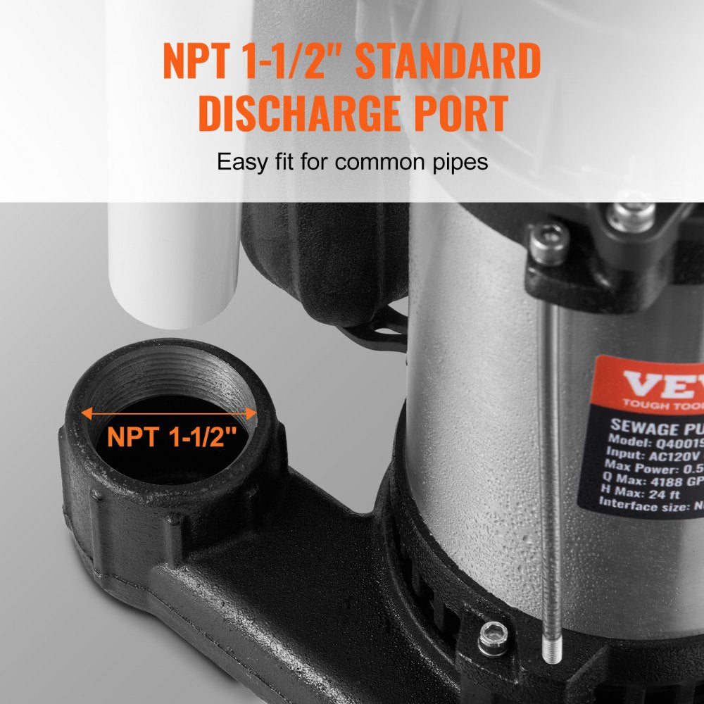 VEVOR Submersible Sewage Pump Water Pump 0.5HP 4188GPH 24 ft Lift for Basement 