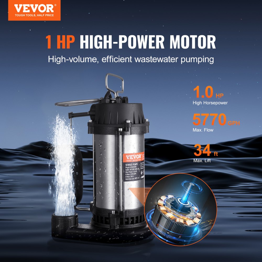 VEVOR Submersible Sewage Pump Water Pump 1HP 5770GPH 34 ft Lift for Basement 