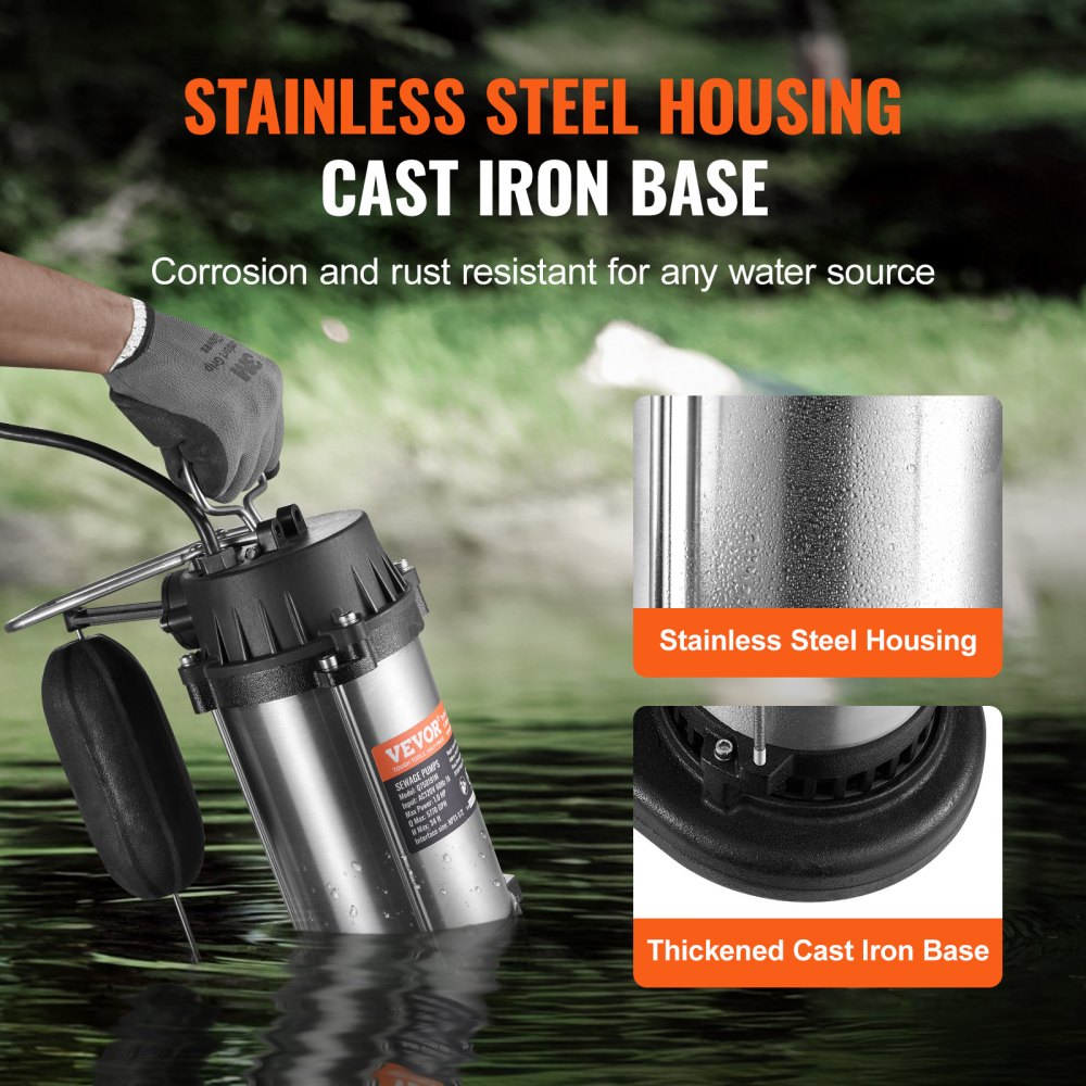 VEVOR Submersible Sewage Pump Water Pump 1HP 5770GPH 34 ft Lift for Basement 