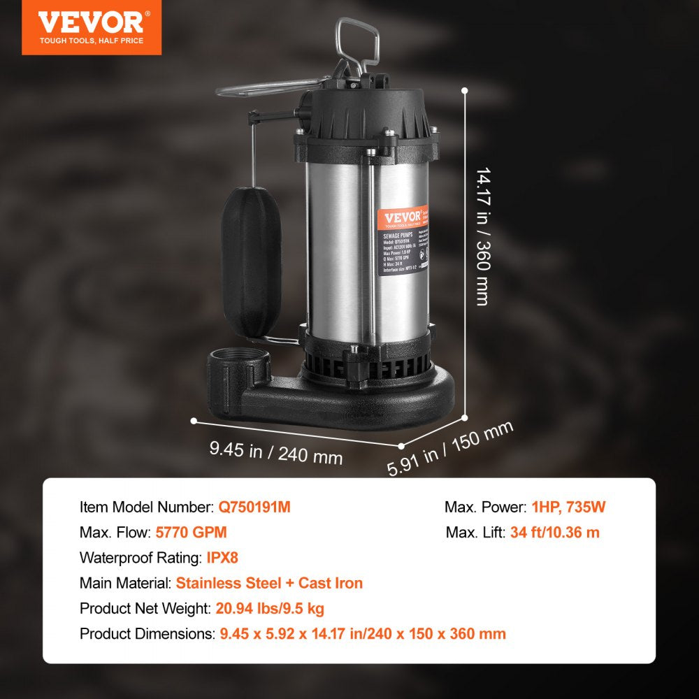 VEVOR Submersible Sewage Pump Water Pump 1HP 5770GPH 34 ft Lift for Basement 