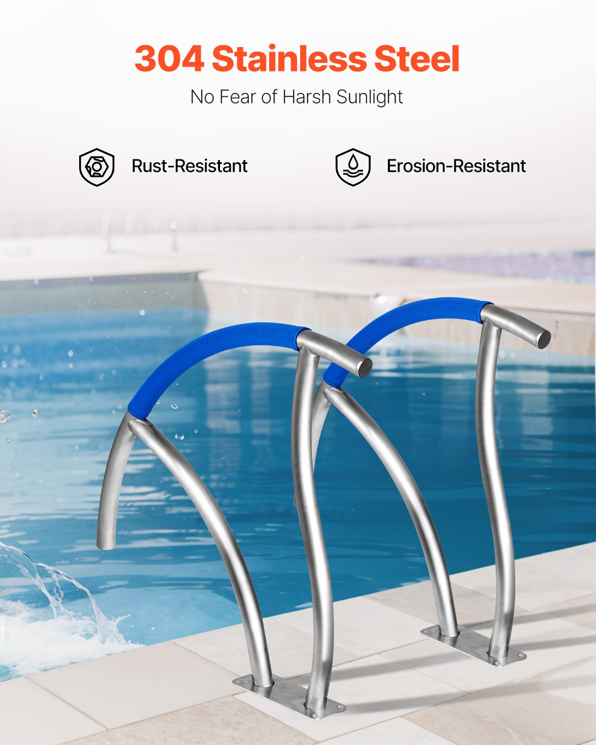 VEVOR Swimming Pool Handrail Ladder Handrail Stainless Steel Rail w/ Base Plate 