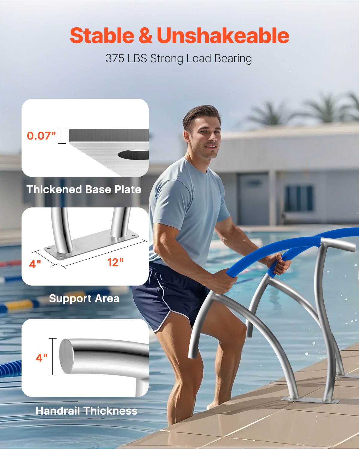 VEVOR Swimming Pool Handrail Ladder Handrail Stainless Steel Rail w/ Base Plate 