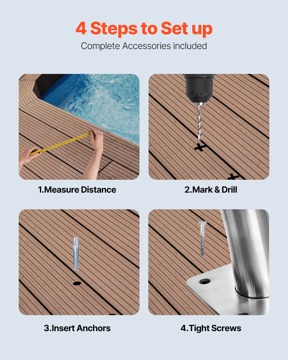 VEVOR Swimming Pool Handrail Ladder Handrail Stainless Steel Rail w/ Base Plate 