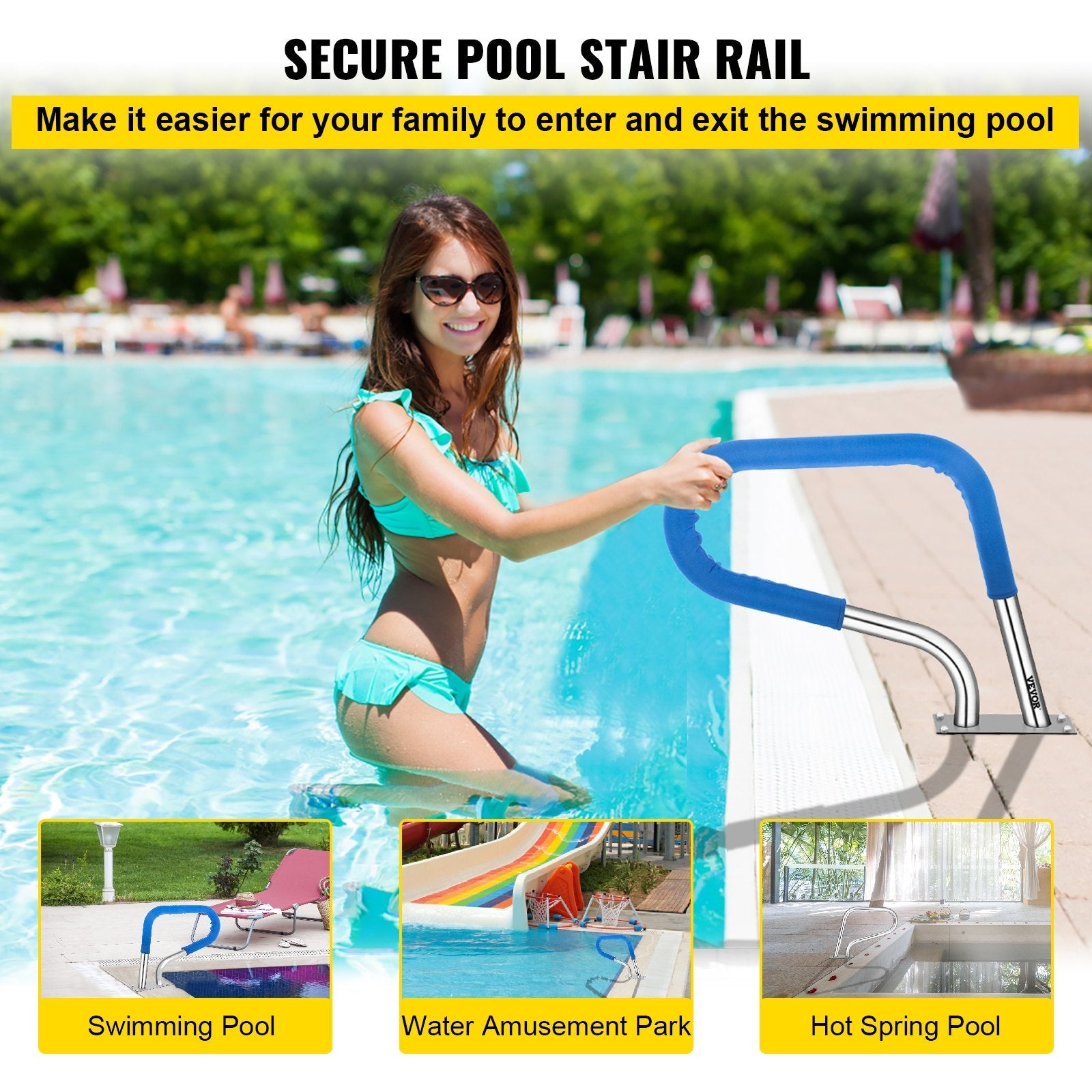 VEVOR Pool Rail 32x23" Pool Railing 304 Stainless Steel 250LBS Load Capacity Silver Rustproof Pool Handrail Humanized Swimming Pool Handrail with Blue Grip Cover & M8 Drill Bit & Self-taping Screws 