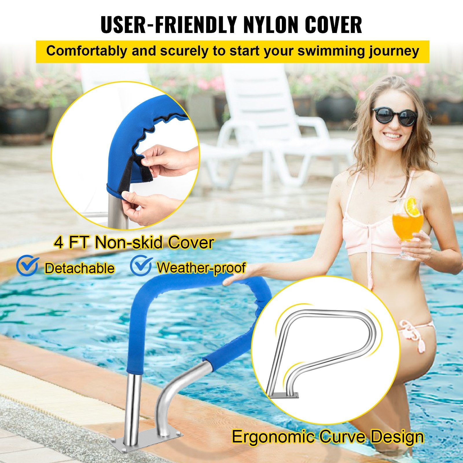 VEVOR Pool Rail 32x23" Pool Railing 304 Stainless Steel 250LBS Load Capacity Silver Rustproof Pool Handrail Humanized Swimming Pool Handrail with Blue Grip Cover & M8 Drill Bit & Self-taping Screws 