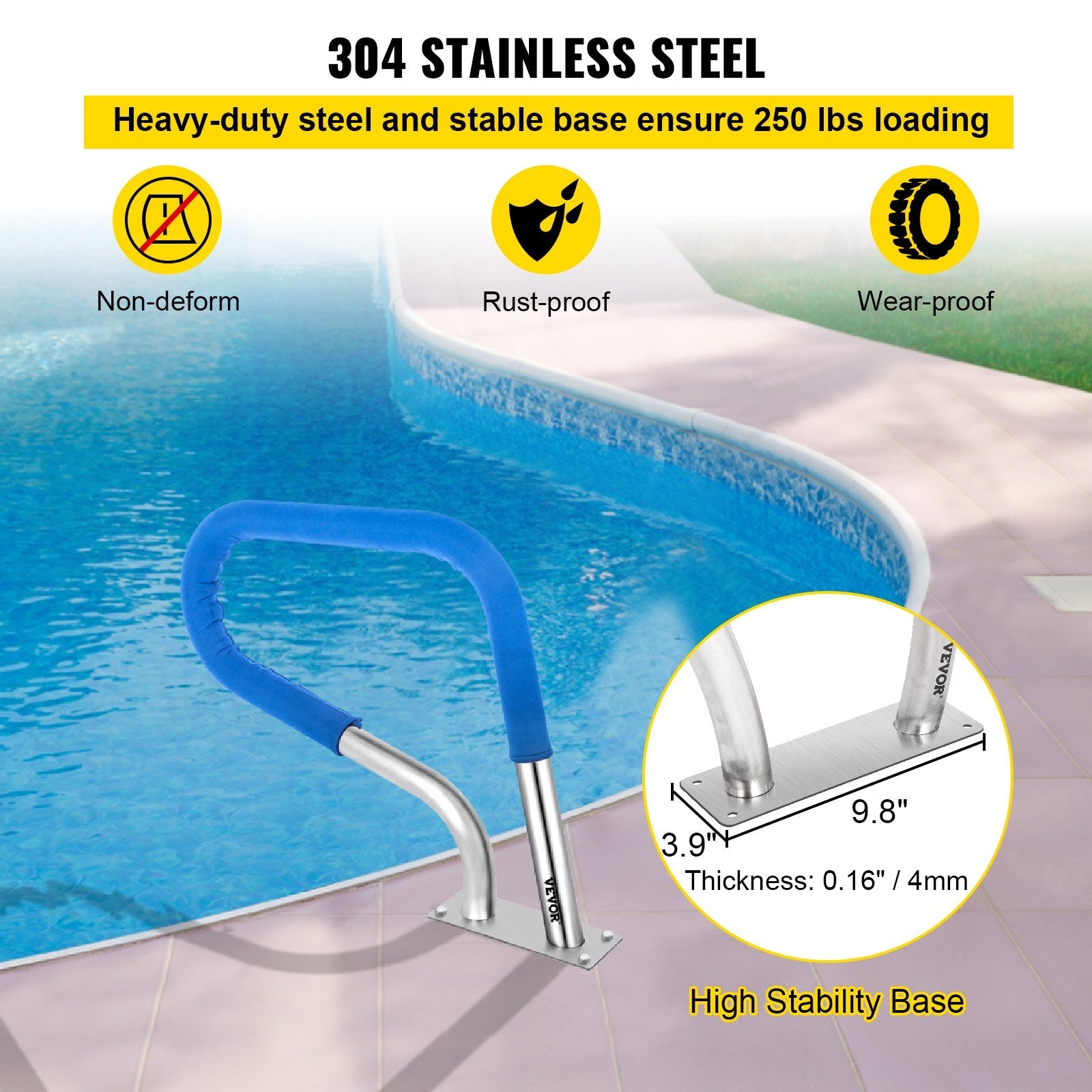 VEVOR Pool Rail 32x23" Pool Railing 304 Stainless Steel 250LBS Load Capacity Silver Rustproof Pool Handrail Humanized Swimming Pool Handrail with Blue Grip Cover & M8 Drill Bit & Self-taping Screws 