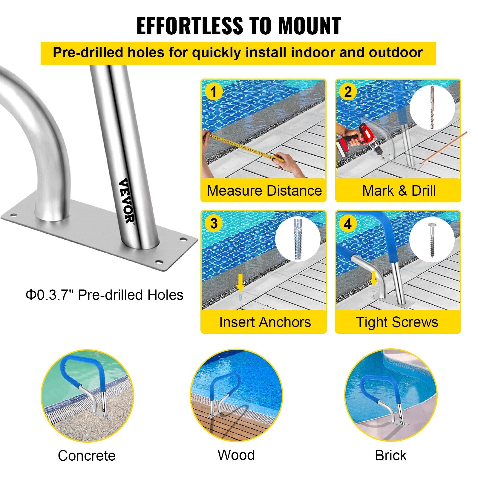 VEVOR Pool Rail 32x23" Pool Railing 304 Stainless Steel 250LBS Load Capacity Silver Rustproof Pool Handrail Humanized Swimming Pool Handrail with Blue Grip Cover & M8 Drill Bit & Self-taping Screws 