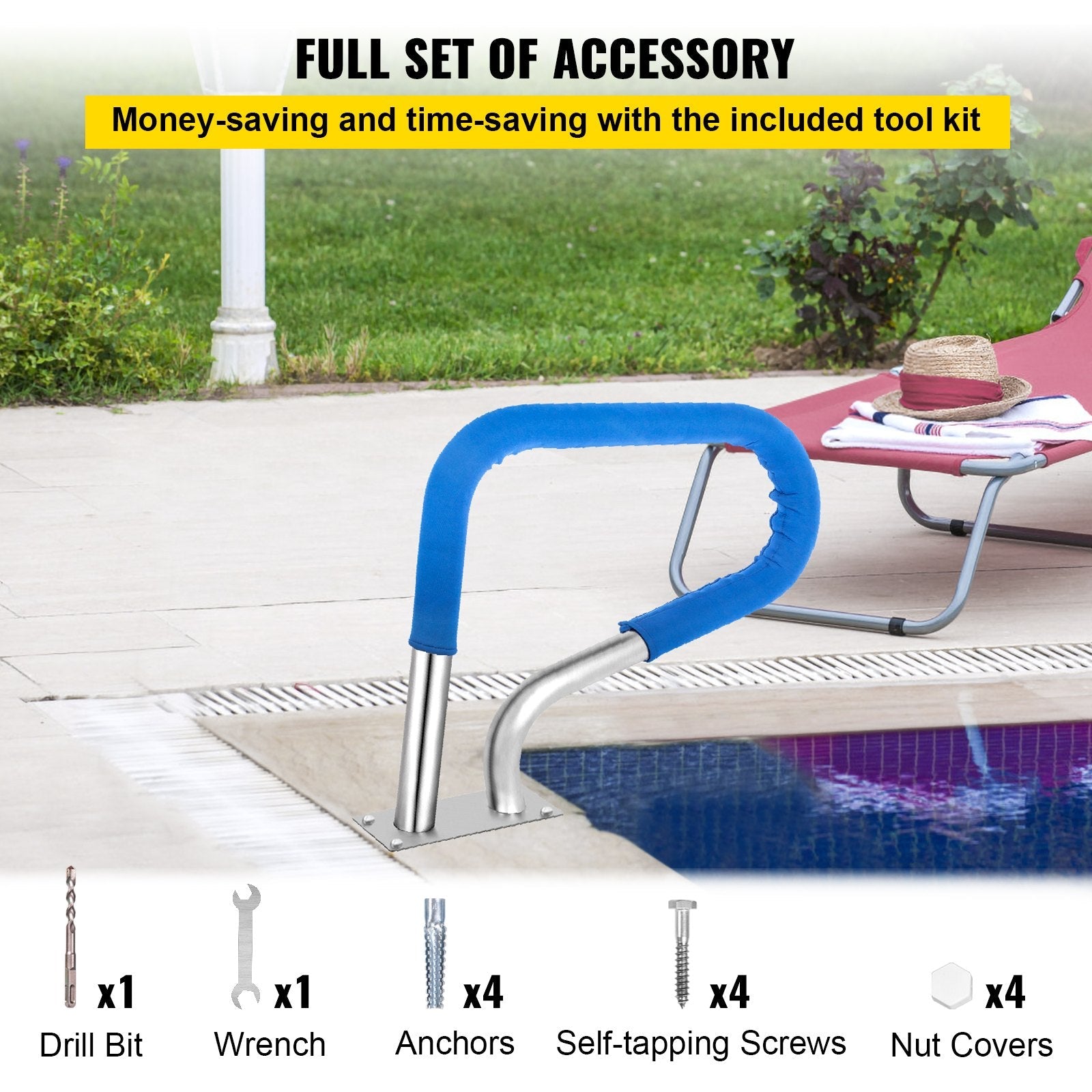 VEVOR Pool Rail 32x23" Pool Railing 304 Stainless Steel 250LBS Load Capacity Silver Rustproof Pool Handrail Humanized Swimming Pool Handrail with Blue Grip Cover & M8 Drill Bit & Self-taping Screws 