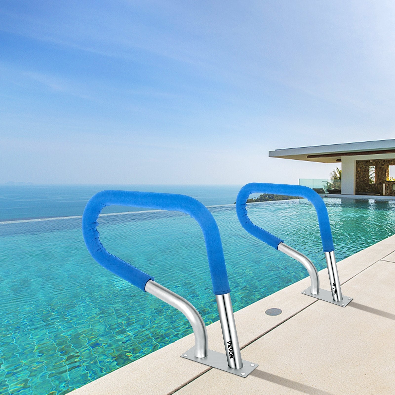 VEVOR Pool Rail 32x23" Pool Railing 304 Stainless Steel 250LBS Load Capacity Silver Rustproof Pool Handrail Humanized Swimming Pool Handrail with Blue Grip Cover & M8 Drill Bit & Self-taping Screws 