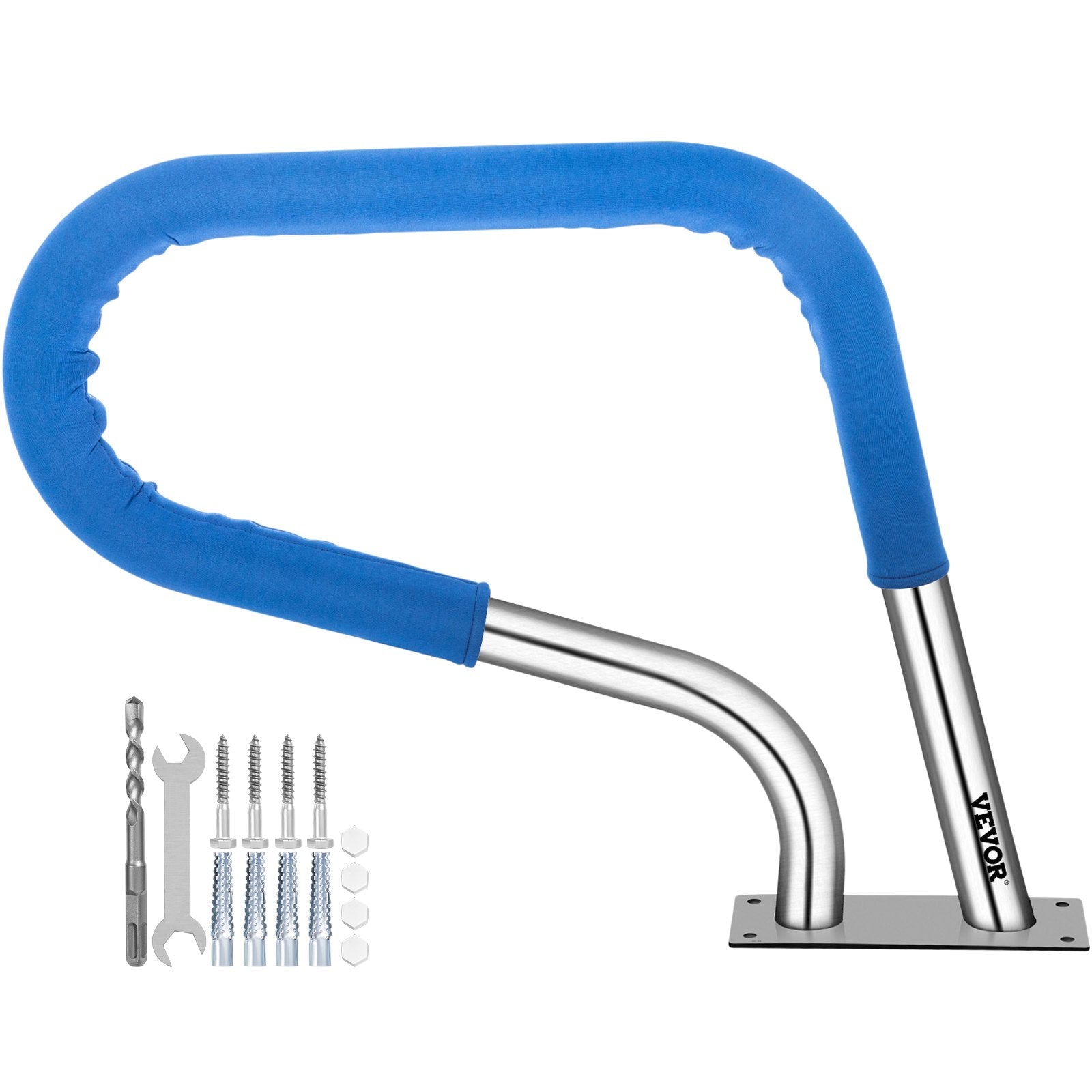 VEVOR Pool Rail 32x23" Pool Railing 304 Stainless Steel 250LBS Load Capacity Silver Rustproof Pool Handrail Humanized Swimming Pool Handrail with Blue Grip Cover & M8 Drill Bit & Self-taping Screws 