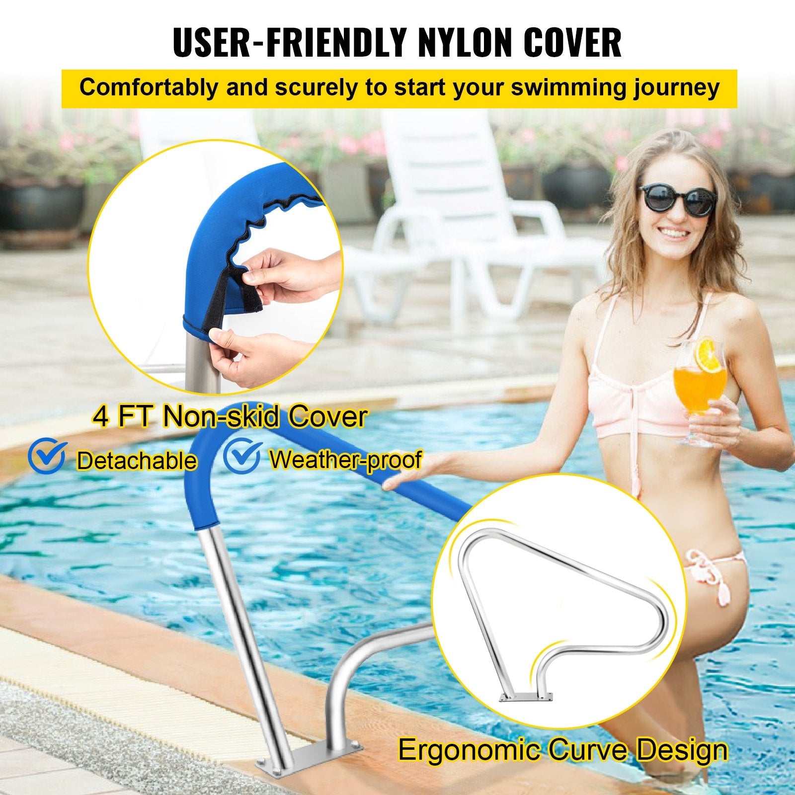 VEVOR Pool Rail 39x32" Pool Railing 304 Stainless Steel 250LBS Load Capacity Silver Rustproof Pool Handrail Humanized Swimming Pool Handrail with Blue Grip Cover & M8 Drill Bit & Self-taping Screws 