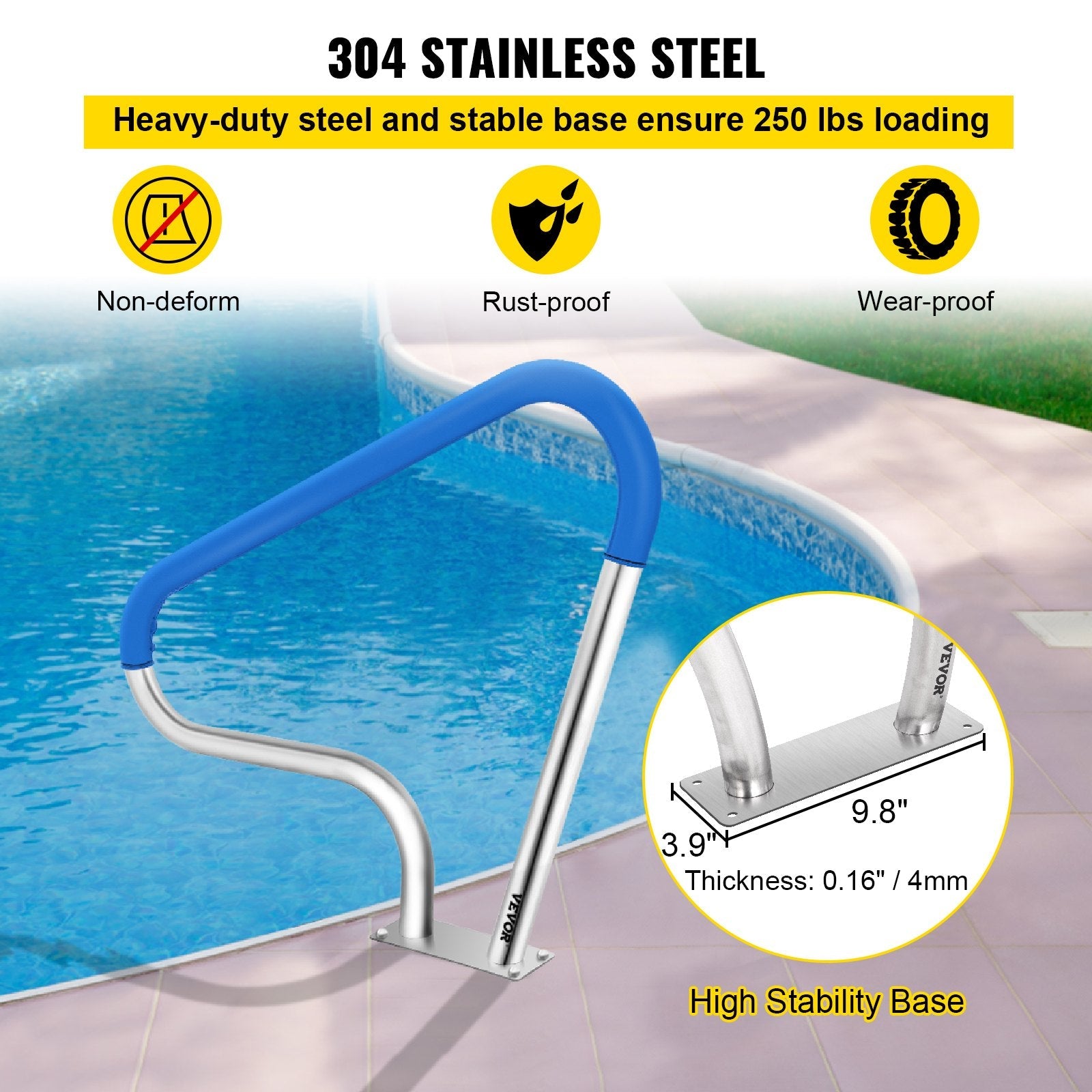 VEVOR Pool Rail 39x32" Pool Railing 304 Stainless Steel 250LBS Load Capacity Silver Rustproof Pool Handrail Humanized Swimming Pool Handrail with Blue Grip Cover & M8 Drill Bit & Self-taping Screws 