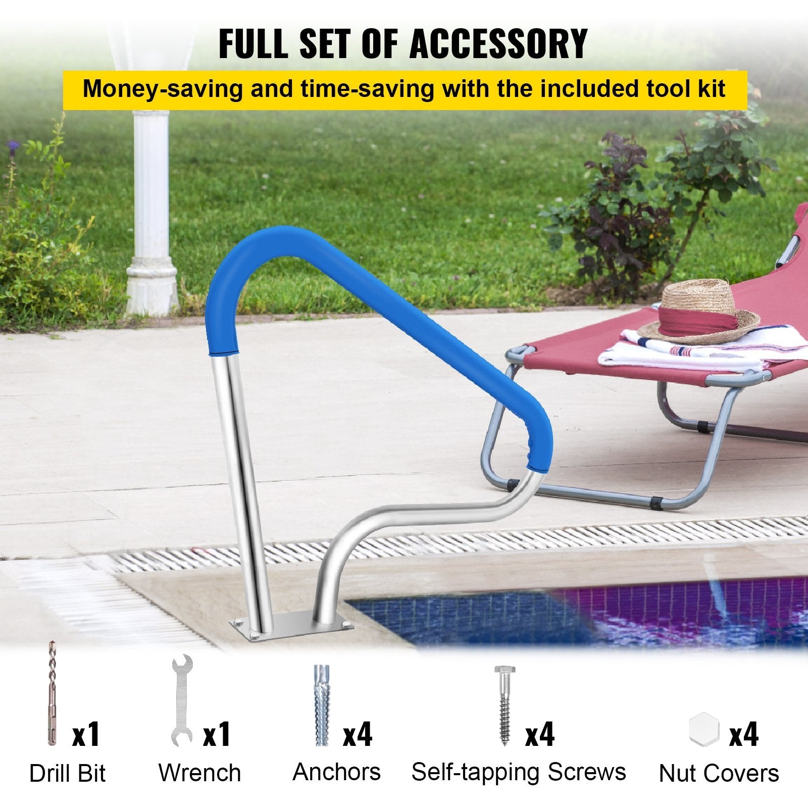 VEVOR Pool Rail 39x32" Pool Railing 304 Stainless Steel 250LBS Load Capacity Silver Rustproof Pool Handrail Humanized Swimming Pool Handrail with Blue Grip Cover & M8 Drill Bit & Self-taping Screws 