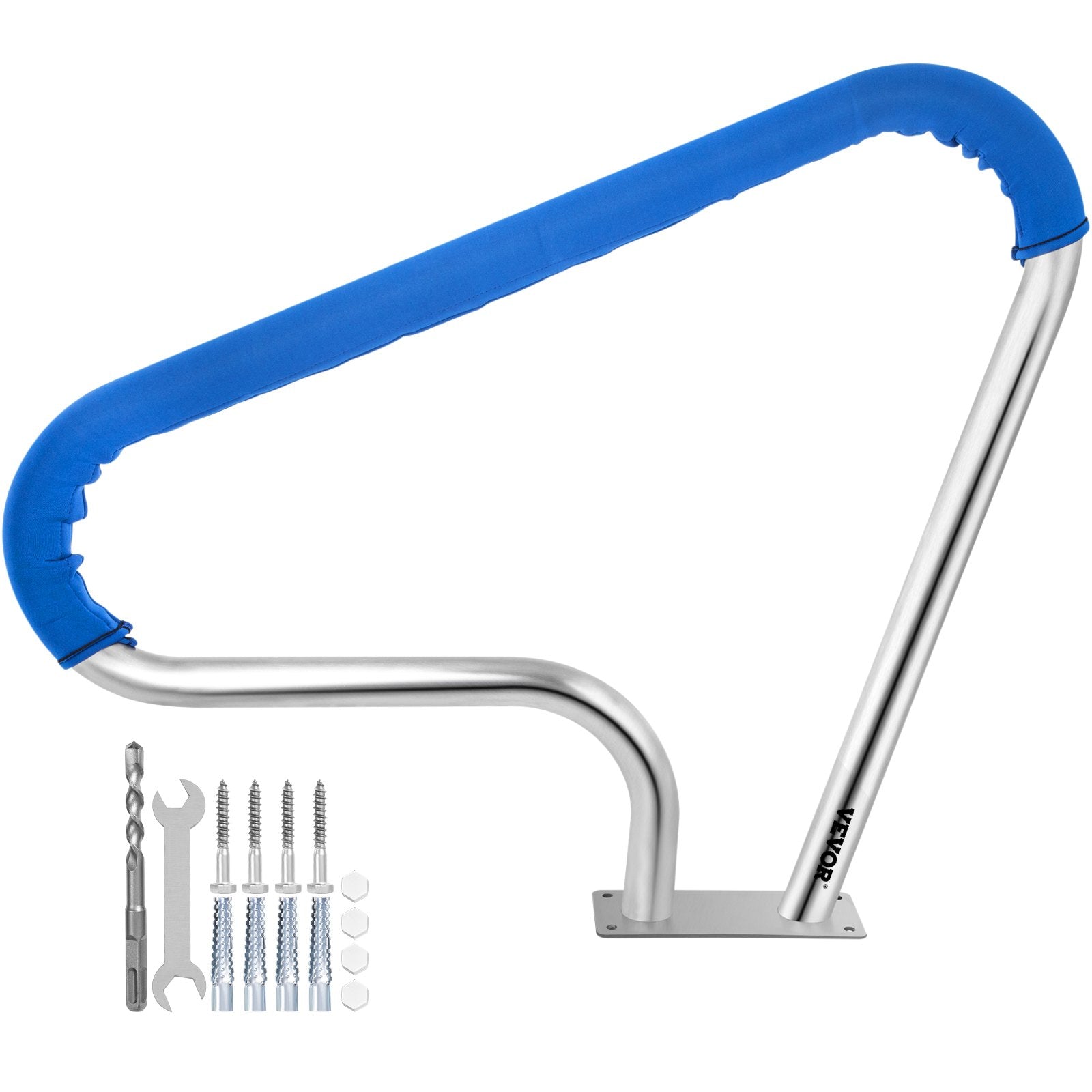 VEVOR Pool Rail 39x32" Pool Railing 304 Stainless Steel 250LBS Load Capacity Silver Rustproof Pool Handrail Humanized Swimming Pool Handrail with Blue Grip Cover & M8 Drill Bit & Self-taping Screws 