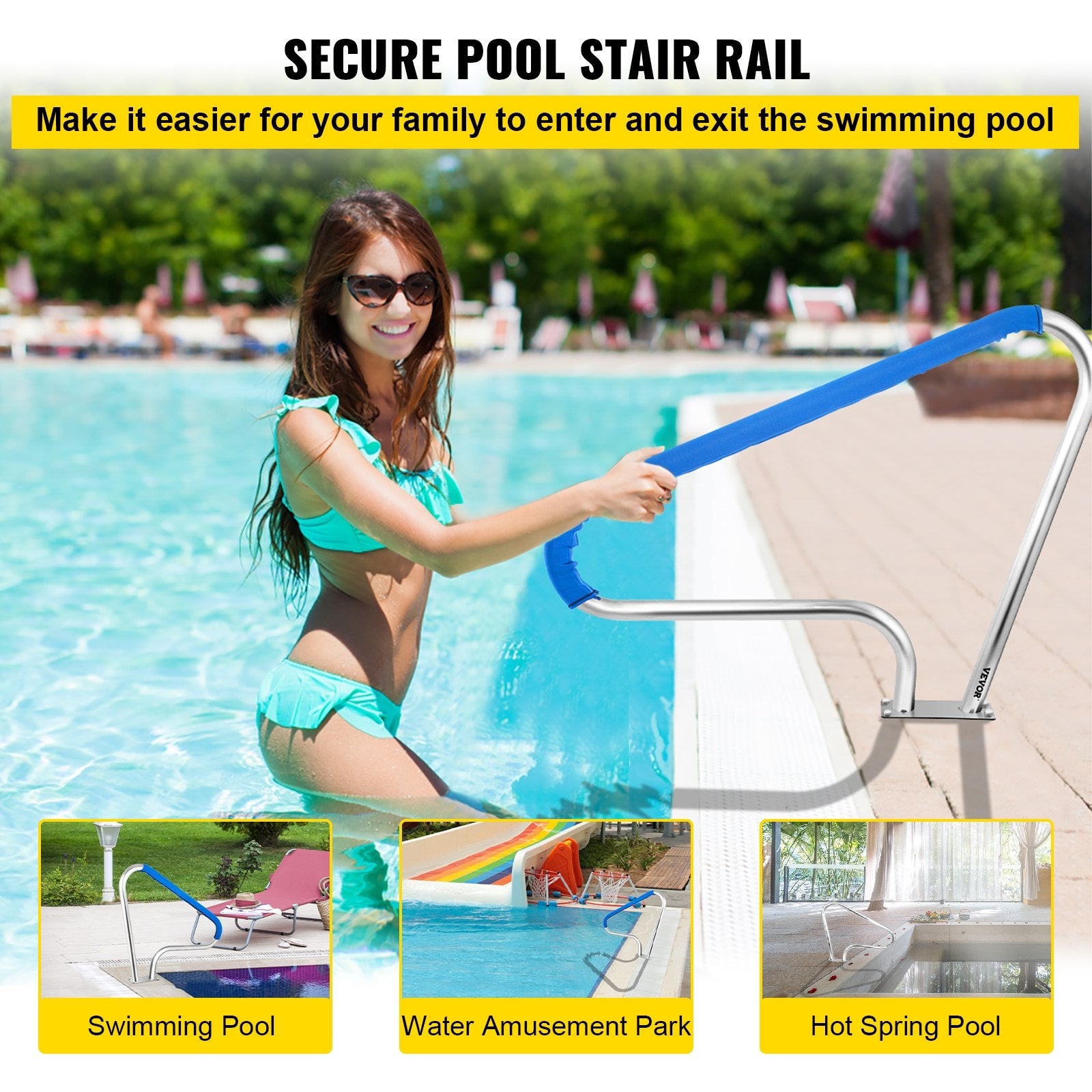 VEVOR Pool Rail 48x36" Pool Railing 304 Stainless Steel 250LBS Load Capacity Silver Rustproof Pool Handrail Humanized Swimming Pool Handrail with Blue Grip Cover & M8 Drill Bit & Self-taping Screws 