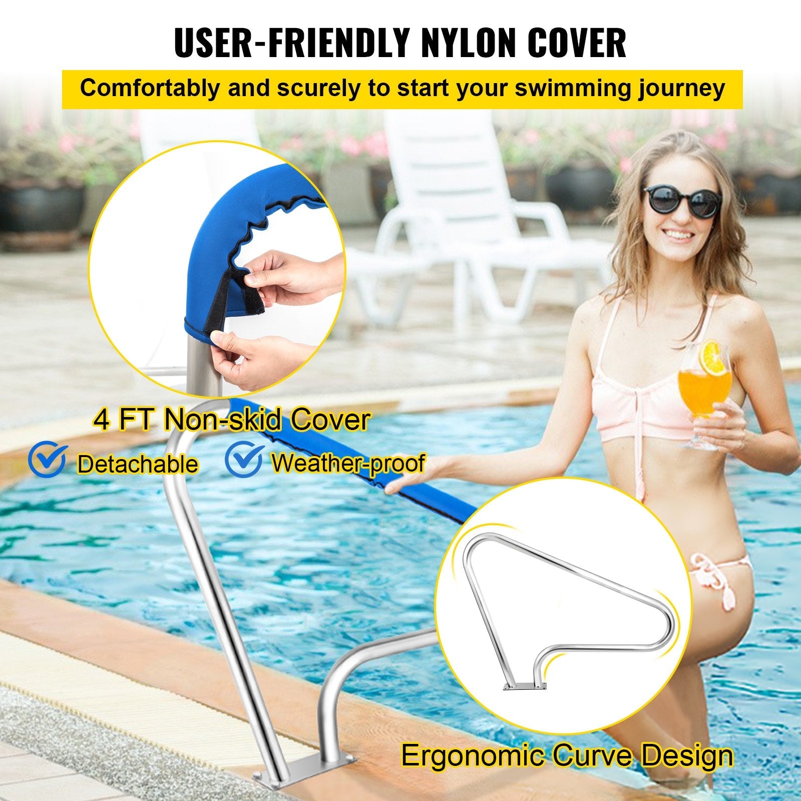 VEVOR Pool Rail 48x36" Pool Railing 304 Stainless Steel 250LBS Load Capacity Silver Rustproof Pool Handrail Humanized Swimming Pool Handrail with Blue Grip Cover & M8 Drill Bit & Self-taping Screws 