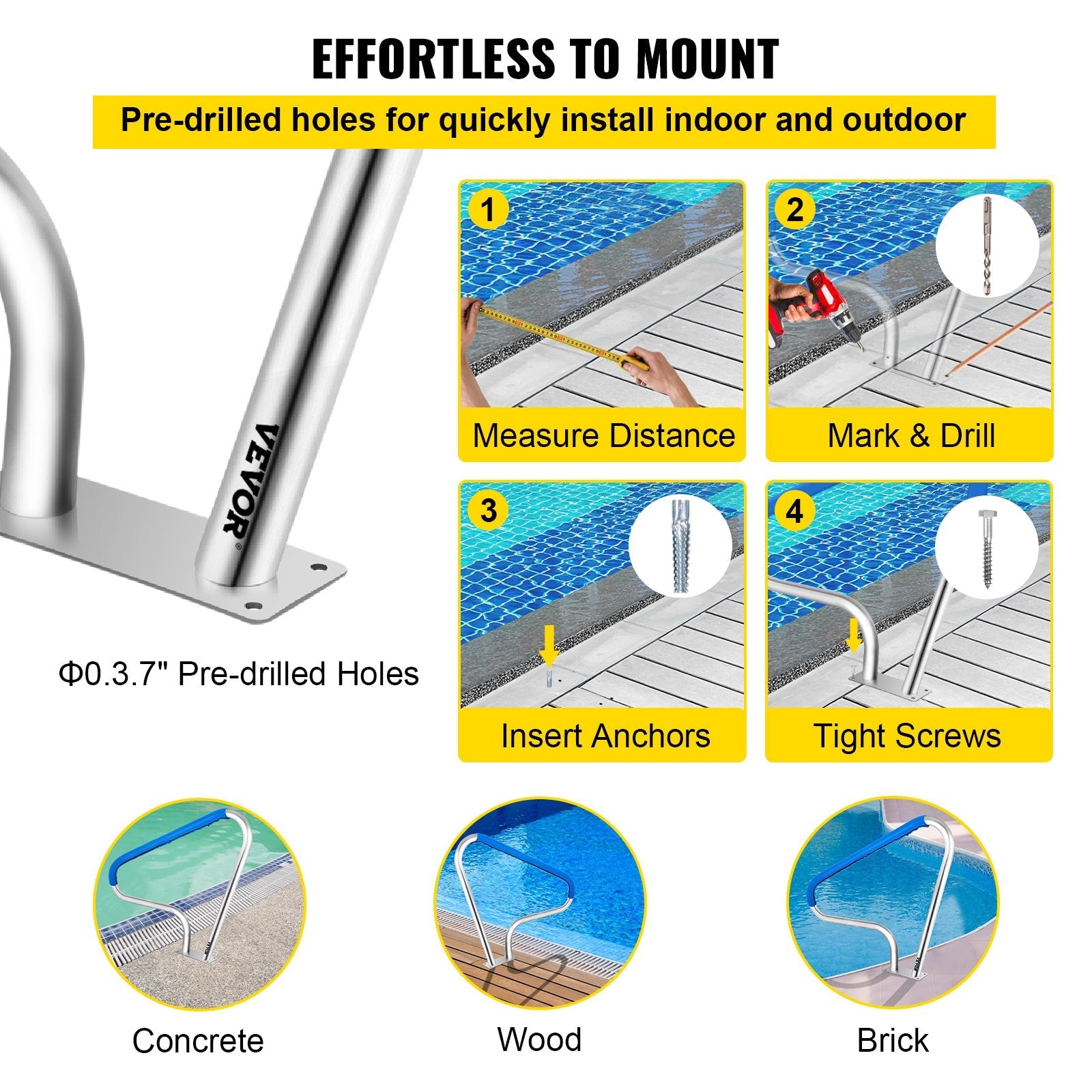 VEVOR Pool Rail 48x36" Pool Railing 304 Stainless Steel 250LBS Load Capacity Silver Rustproof Pool Handrail Humanized Swimming Pool Handrail with Blue Grip Cover & M8 Drill Bit & Self-taping Screws 