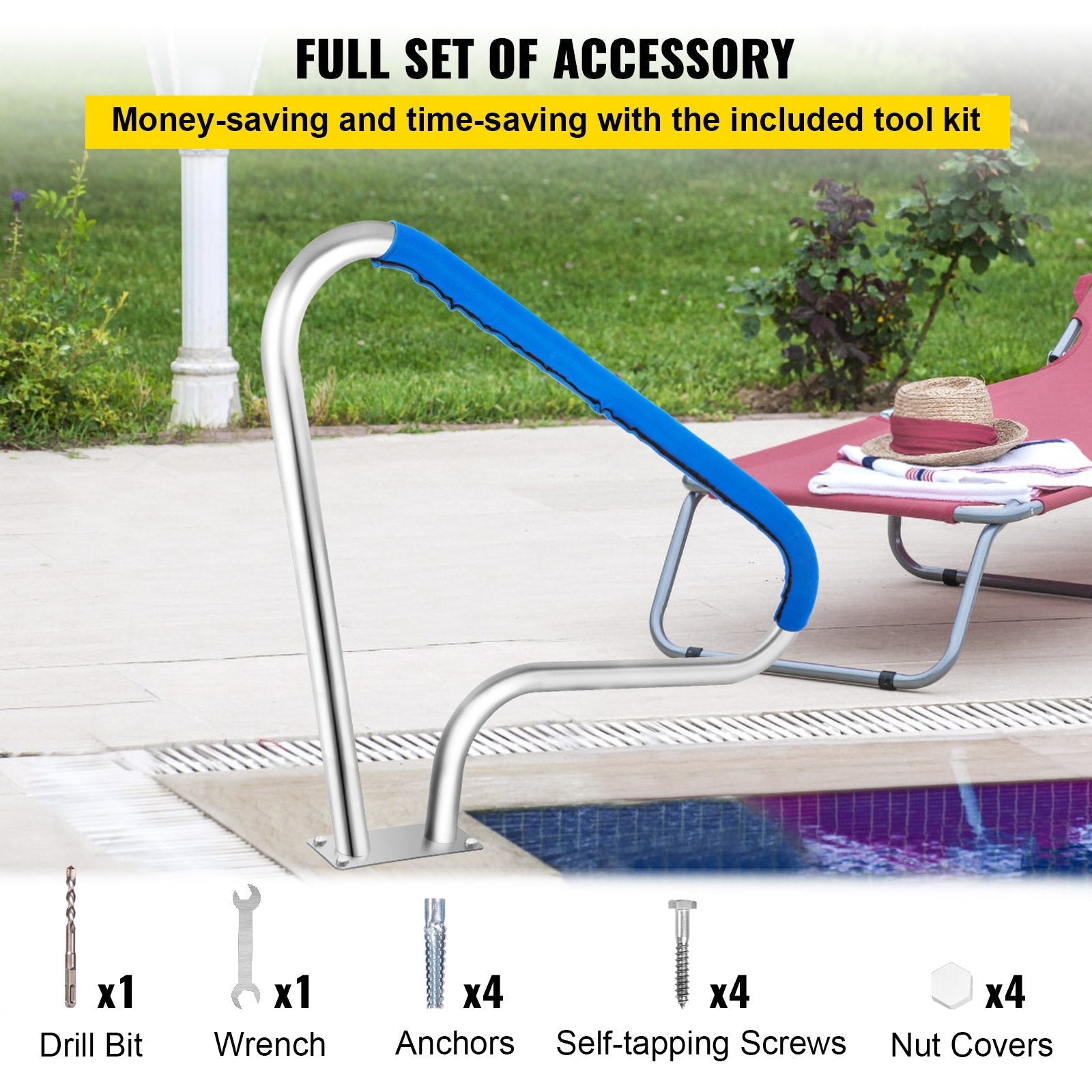 VEVOR Pool Rail 48x36" Pool Railing 304 Stainless Steel 250LBS Load Capacity Silver Rustproof Pool Handrail Humanized Swimming Pool Handrail with Blue Grip Cover & M8 Drill Bit & Self-taping Screws 