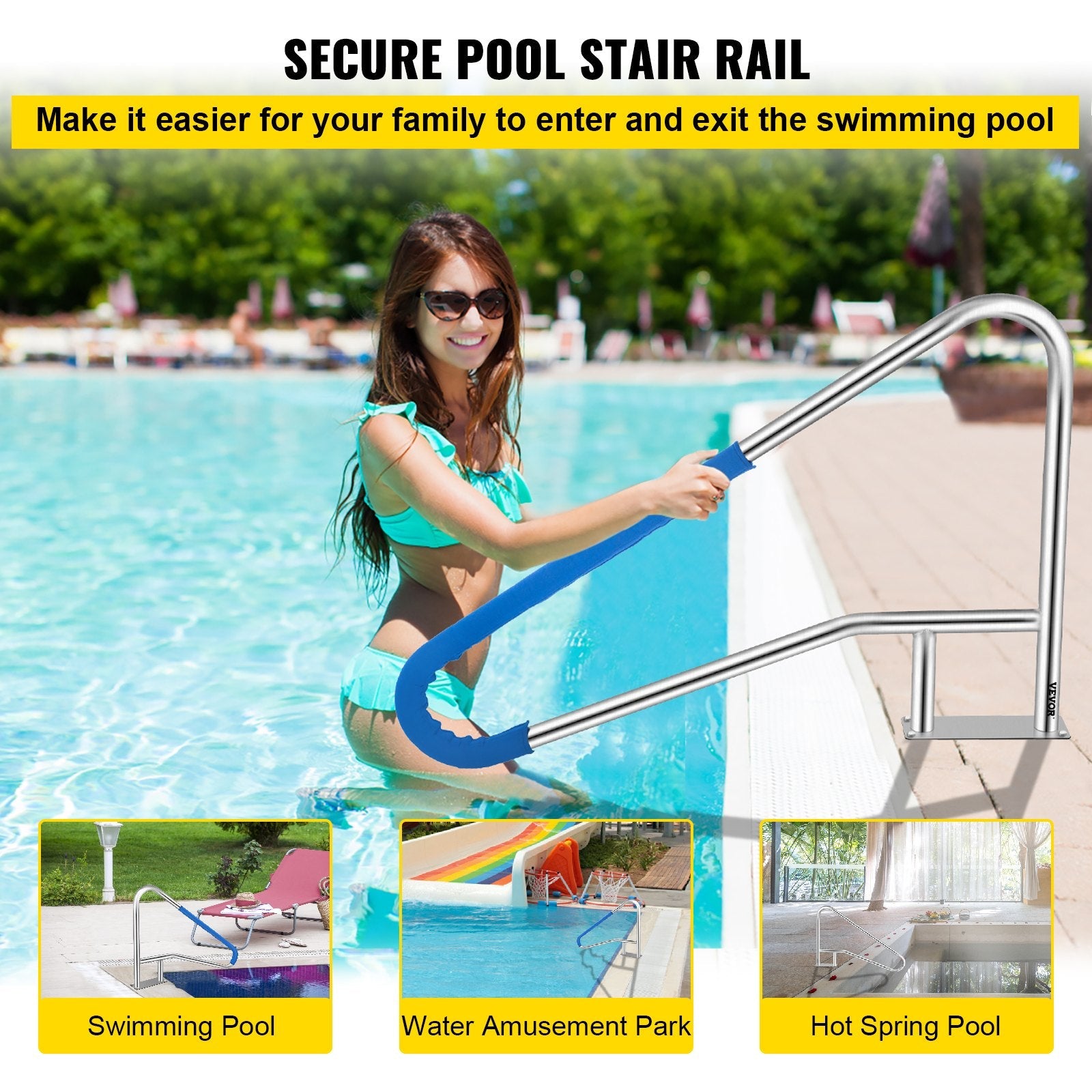 VEVOR Pool Rail 55x32" Pool Railing 304 Stainless Steel 250LBS Load Capacity Silver Rustproof Pool Handrail Humanized Swimming Pool Handrail with Blue Grip Cover & M8 Drill Bit & Self-taping Screws 