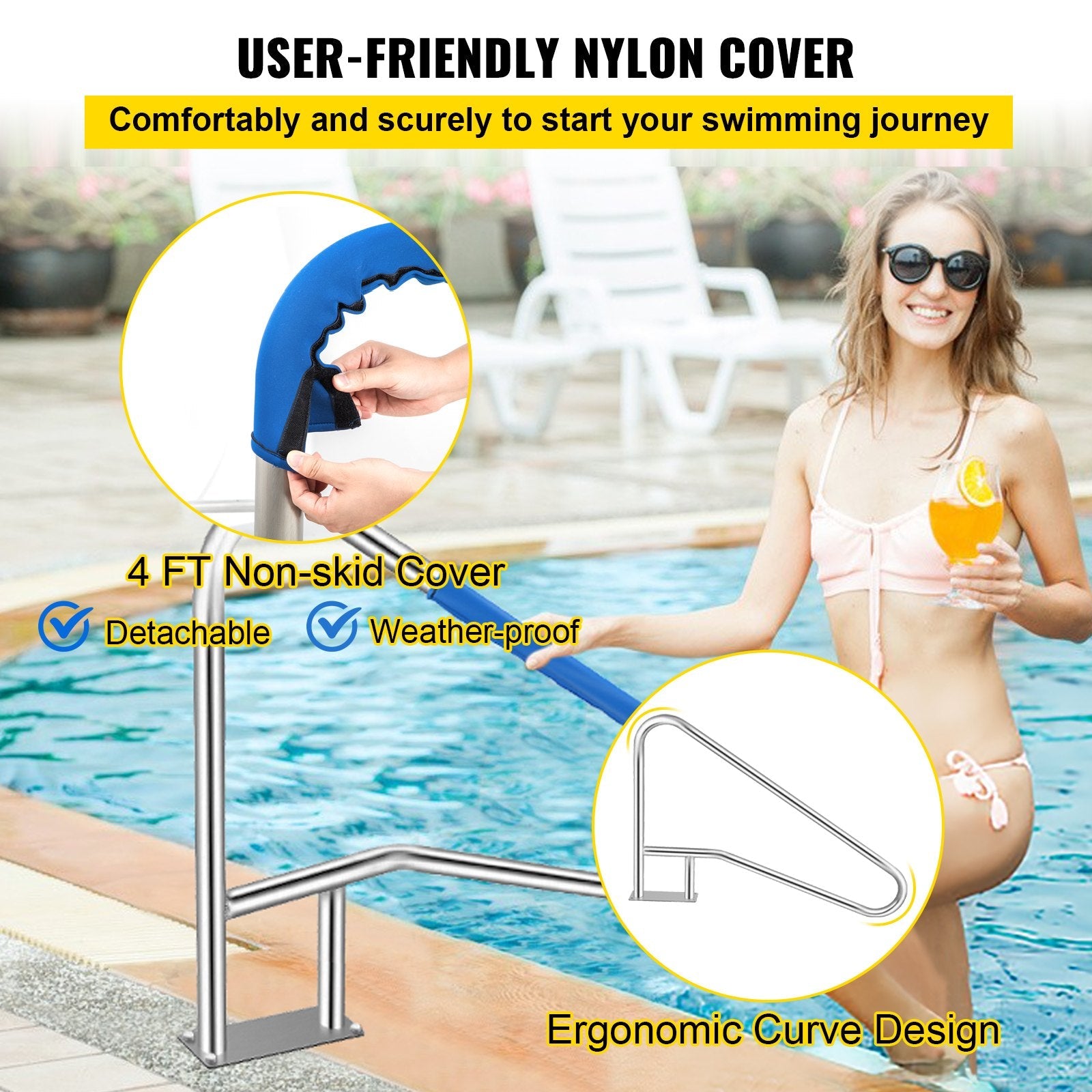 VEVOR Pool Rail 55x32" Pool Railing 304 Stainless Steel 250LBS Load Capacity Silver Rustproof Pool Handrail Humanized Swimming Pool Handrail with Blue Grip Cover & M8 Drill Bit & Self-taping Screws 