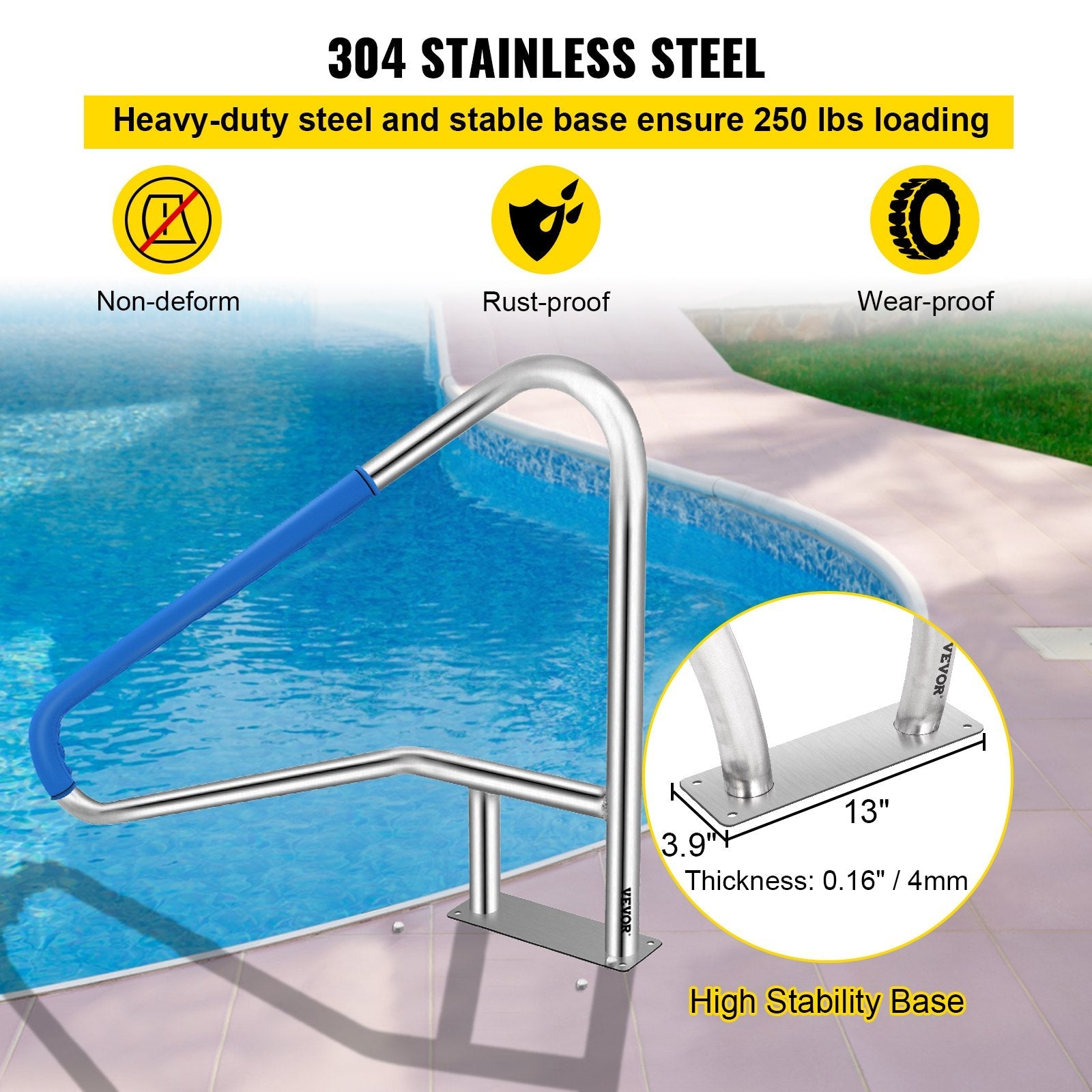 VEVOR Pool Rail 55x32" Pool Railing 304 Stainless Steel 250LBS Load Capacity Silver Rustproof Pool Handrail Humanized Swimming Pool Handrail with Blue Grip Cover & M8 Drill Bit & Self-taping Screws 