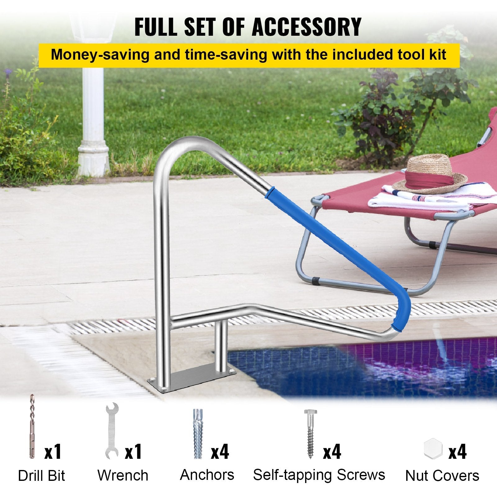 VEVOR Pool Rail 55x32" Pool Railing 304 Stainless Steel 250LBS Load Capacity Silver Rustproof Pool Handrail Humanized Swimming Pool Handrail with Blue Grip Cover & M8 Drill Bit & Self-taping Screws 