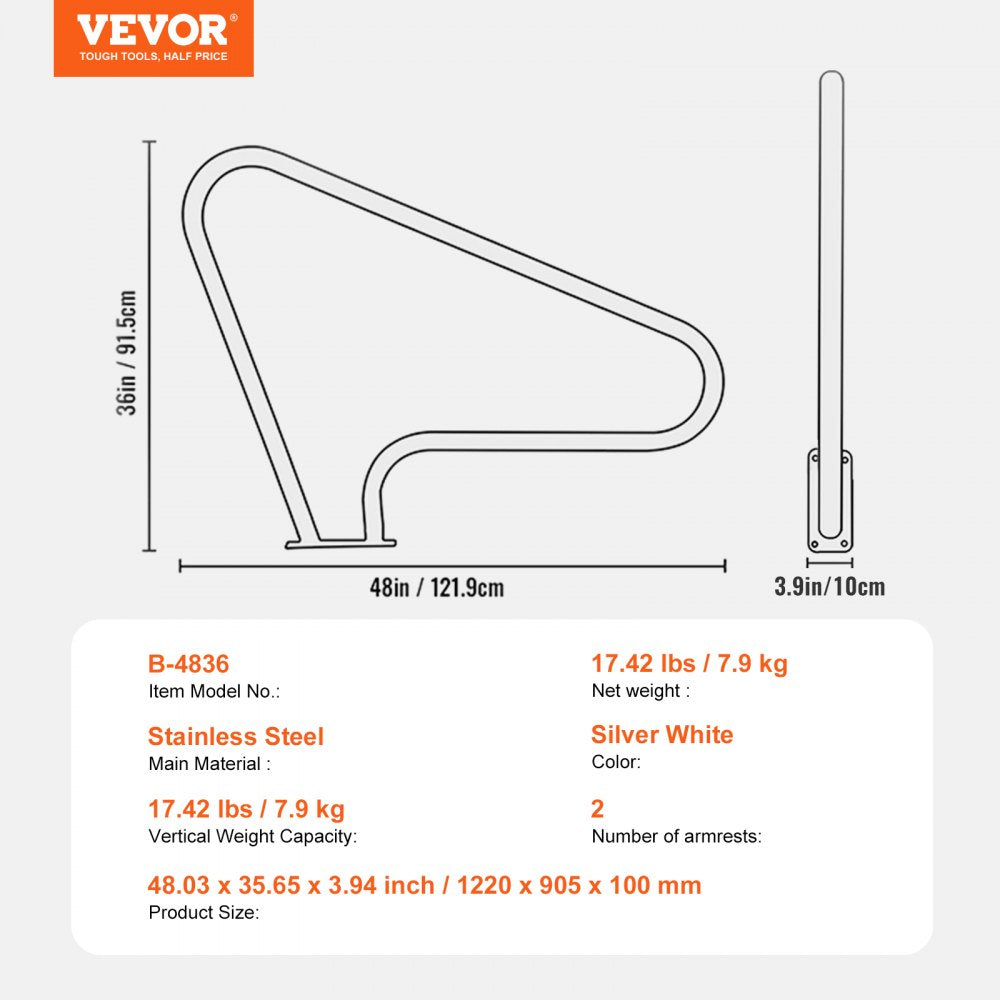 VEVOR Pool Handrail 2 PCS 48x36in Stainless Steel with Base Plate for Spas 