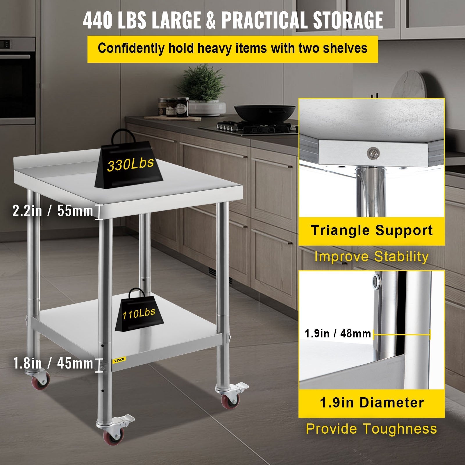 VEVOR Stainless Steel Prep Table, 24 x 24 x 35 Inch, 440lbs Load Capacity Heavy Duty Metal Worktable with Backsplash Adjustable Undershelf & 4 Casters, Commercial Workstation for Kitchen Restaurant 