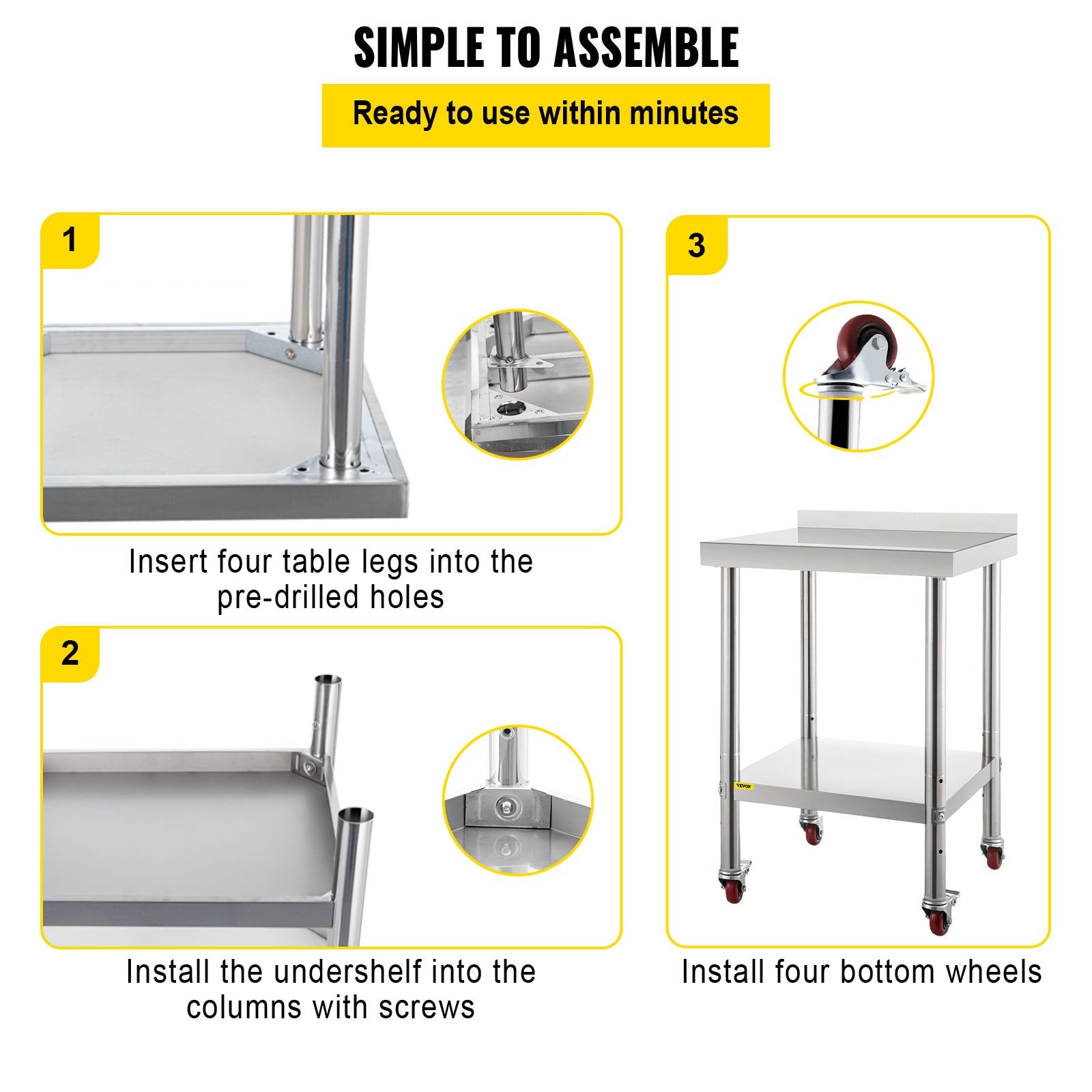 VEVOR Stainless Steel Prep Table, 24 x 24 x 35 Inch, 440lbs Load Capacity Heavy Duty Metal Worktable with Backsplash Adjustable Undershelf & 4 Casters, Commercial Workstation for Kitchen Restaurant 