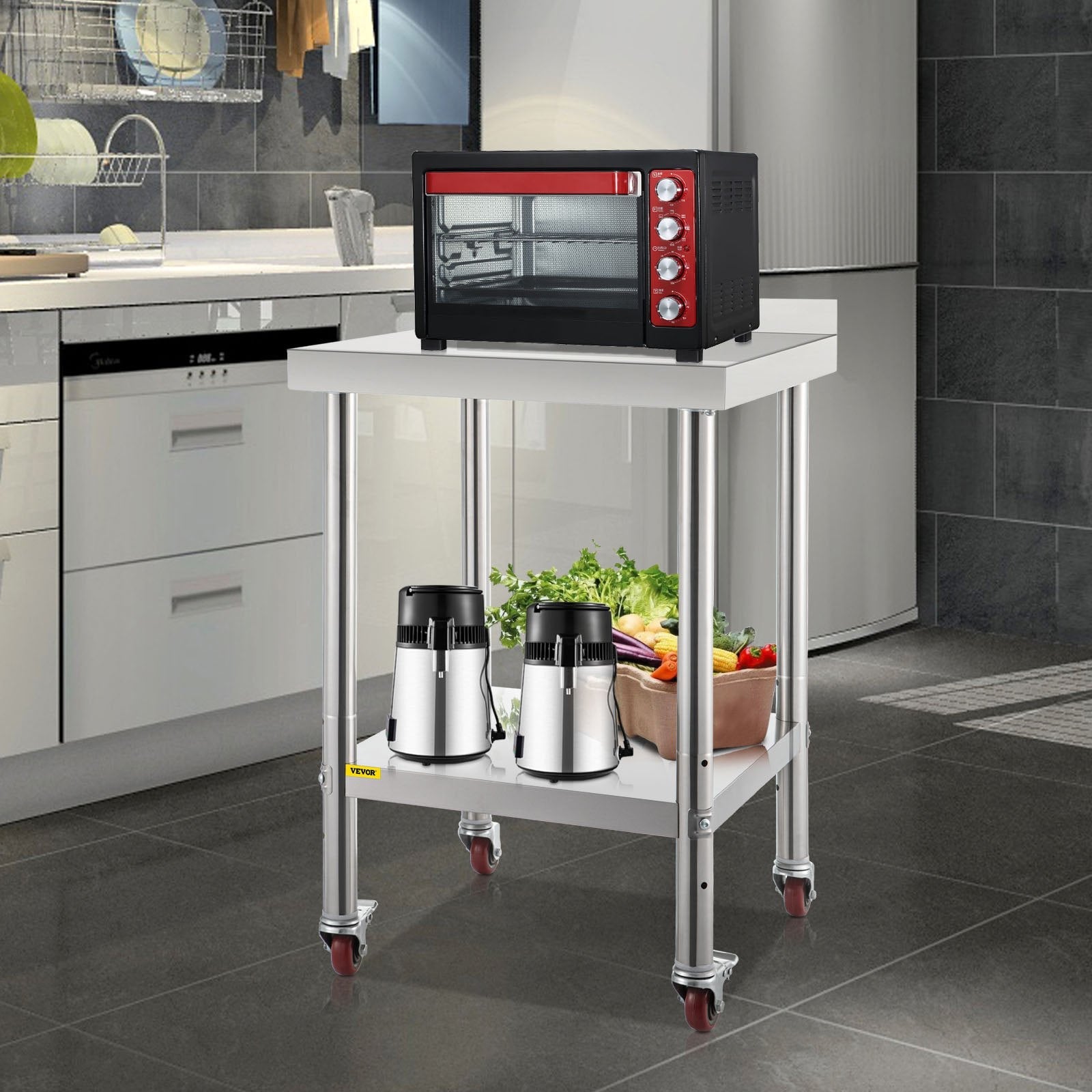 VEVOR Stainless Steel Prep Table, 24 x 24 x 35 Inch, 440lbs Load Capacity Heavy Duty Metal Worktable with Backsplash Adjustable Undershelf & 4 Casters, Commercial Workstation for Kitchen Restaurant 