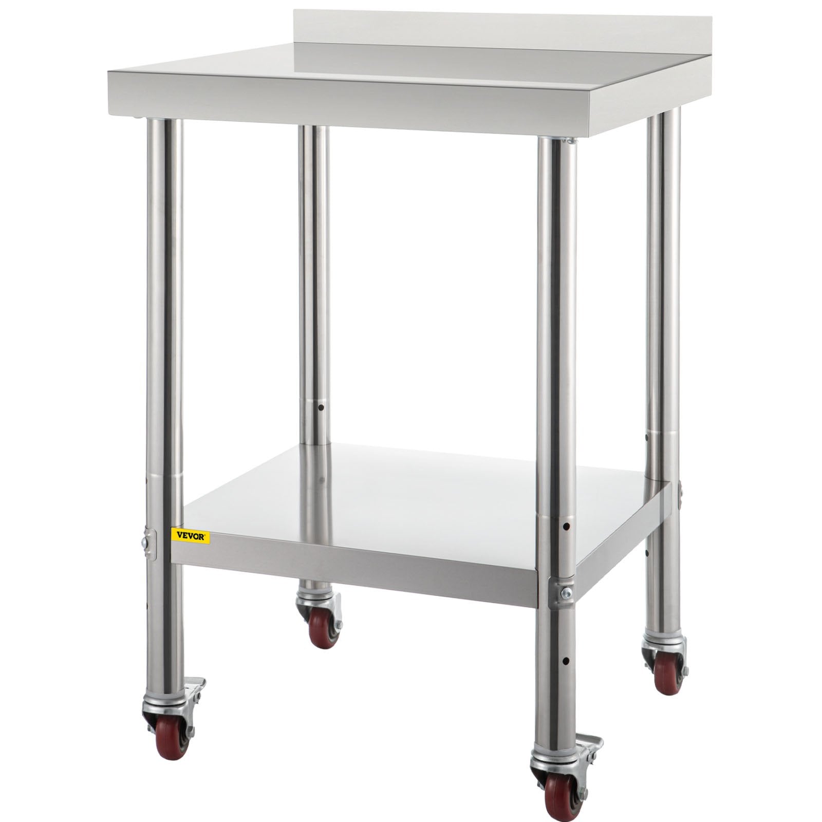 VEVOR Stainless Steel Prep Table, 24 x 24 x 35 Inch, 440lbs Load Capacity Heavy Duty Metal Worktable with Backsplash Adjustable Undershelf & 4 Casters, Commercial Workstation for Kitchen Restaurant 