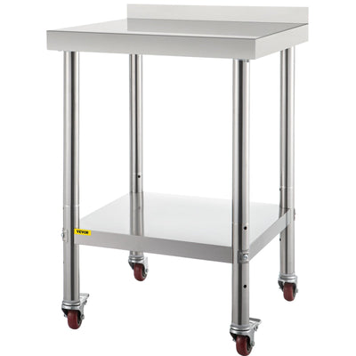 VEVOR Stainless Steel Prep Table, 24 x 24 x 35 Inch, 440lbs Load Capacity Heavy Duty Metal Worktable with Backsplash Adjustable Undershelf & 4 Casters, Commercial Workstation for Kitchen Restaurant 