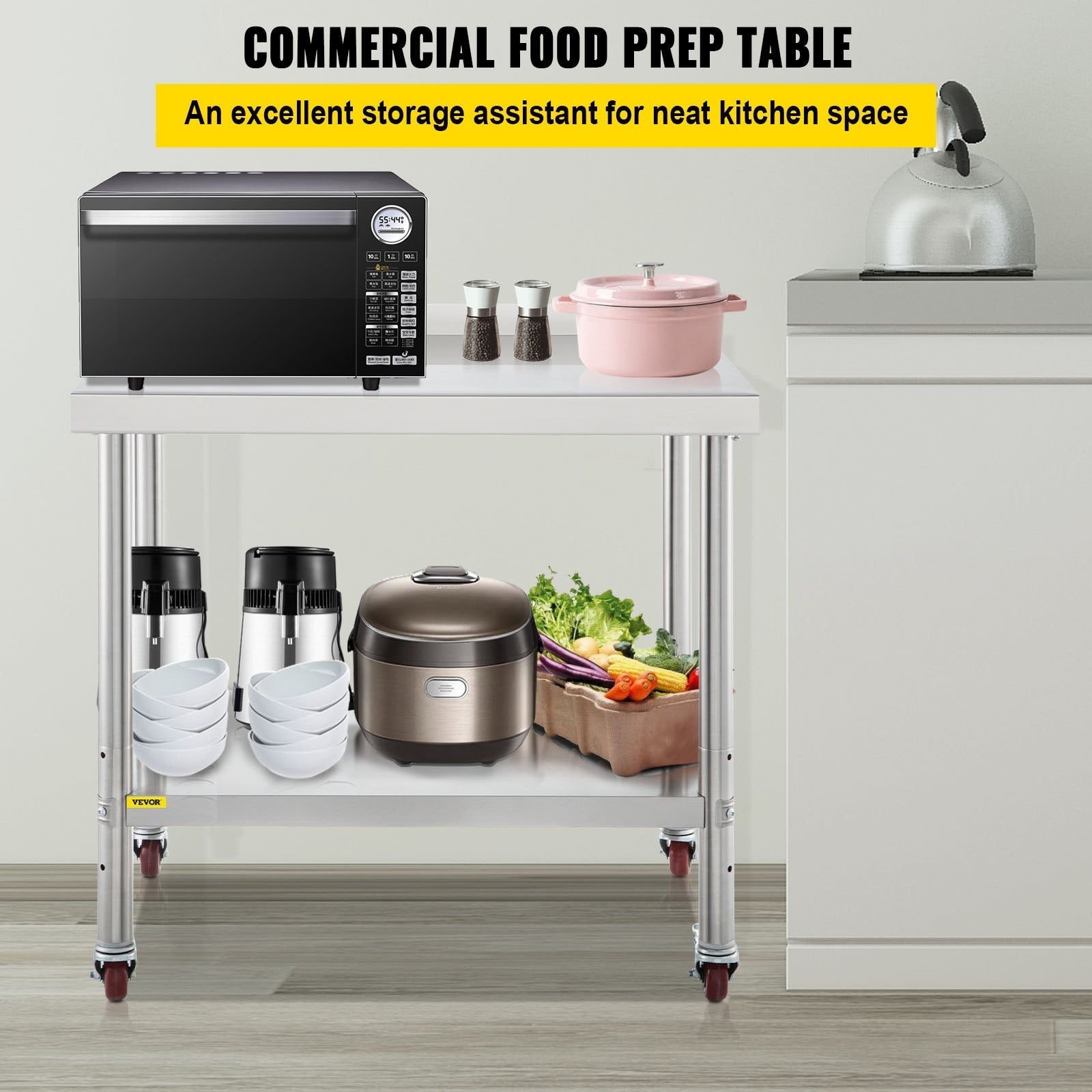 VEVOR Stainless Steel Prep Table, 36 x 24 x 35 Inch, 440lbs Load Capacity Heavy Duty Metal Worktable with Backsplash Adjustable Undershelf & 4 Casters, Commercial Workstation for Kitchen Restaurant 