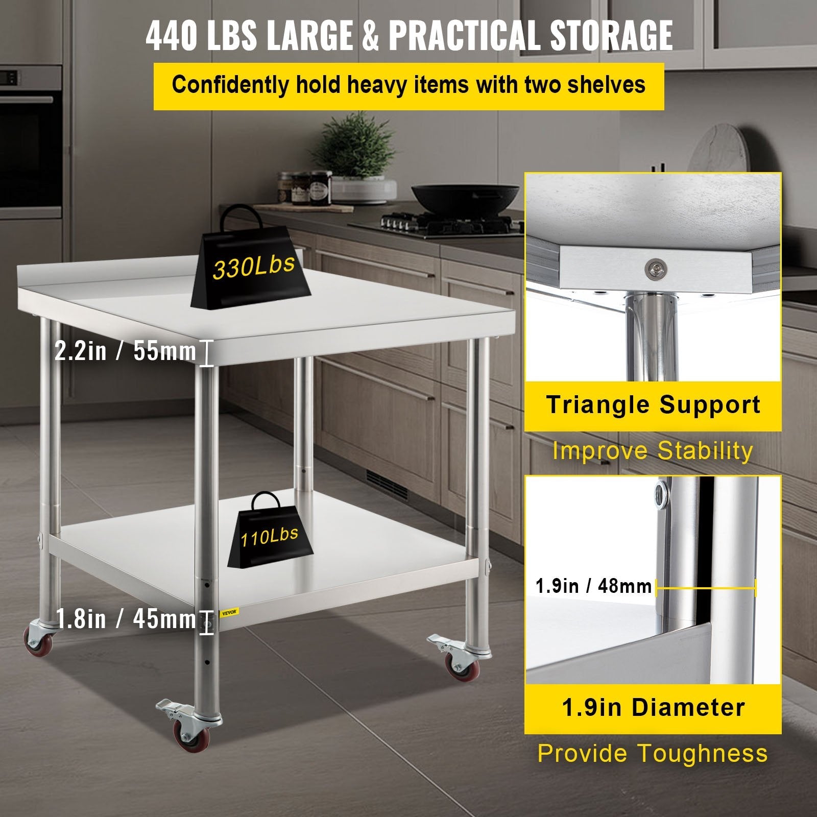 VEVOR Stainless Steel Prep Table, 36 x 24 x 35 Inch, 440lbs Load Capacity Heavy Duty Metal Worktable with Backsplash Adjustable Undershelf & 4 Casters, Commercial Workstation for Kitchen Restaurant 