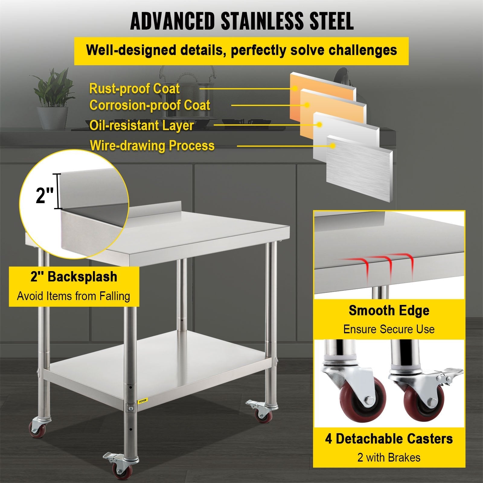 VEVOR Stainless Steel Prep Table, 36 x 24 x 35 Inch, 440lbs Load Capacity Heavy Duty Metal Worktable with Backsplash Adjustable Undershelf & 4 Casters, Commercial Workstation for Kitchen Restaurant 