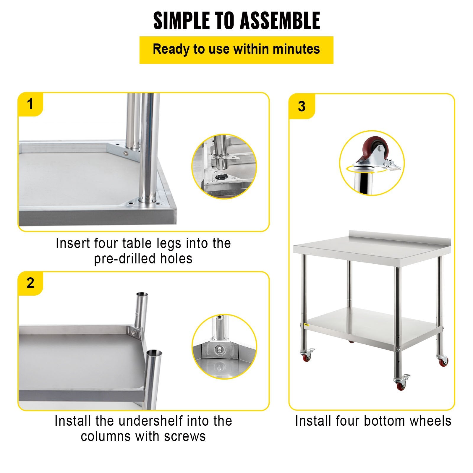 VEVOR Stainless Steel Prep Table, 36 x 24 x 35 Inch, 440lbs Load Capacity Heavy Duty Metal Worktable with Backsplash Adjustable Undershelf & 4 Casters, Commercial Workstation for Kitchen Restaurant 