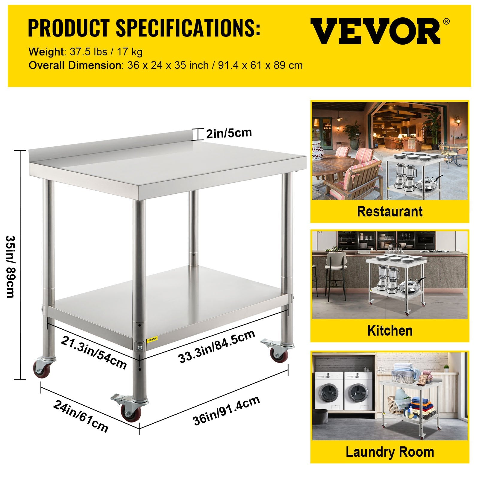 VEVOR Stainless Steel Prep Table, 36 x 24 x 35 Inch, 440lbs Load Capacity Heavy Duty Metal Worktable with Backsplash Adjustable Undershelf & 4 Casters, Commercial Workstation for Kitchen Restaurant 