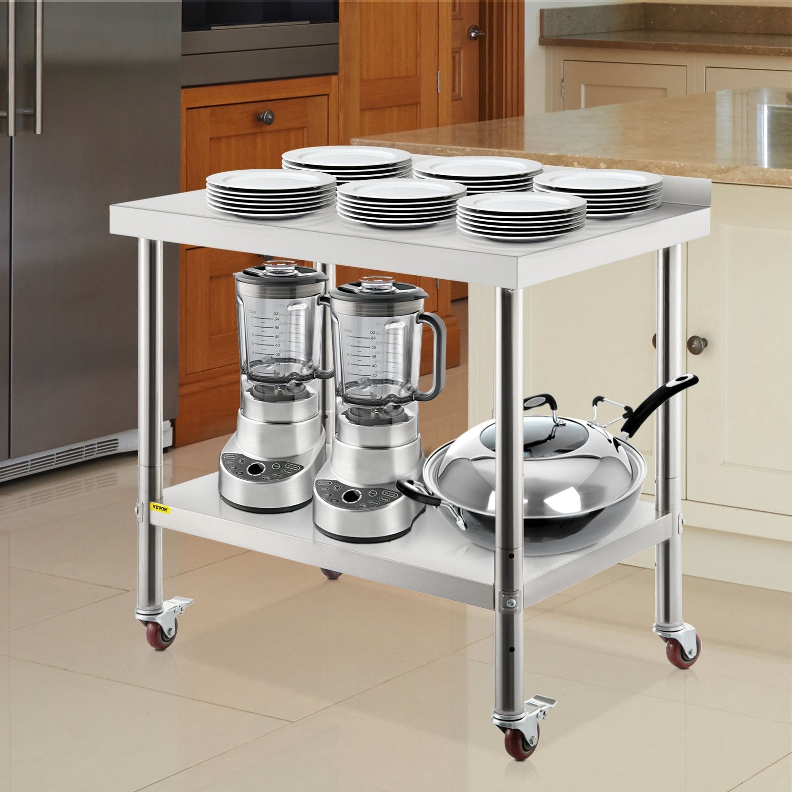 VEVOR Stainless Steel Prep Table, 36 x 24 x 35 Inch, 440lbs Load Capacity Heavy Duty Metal Worktable with Backsplash Adjustable Undershelf & 4 Casters, Commercial Workstation for Kitchen Restaurant 