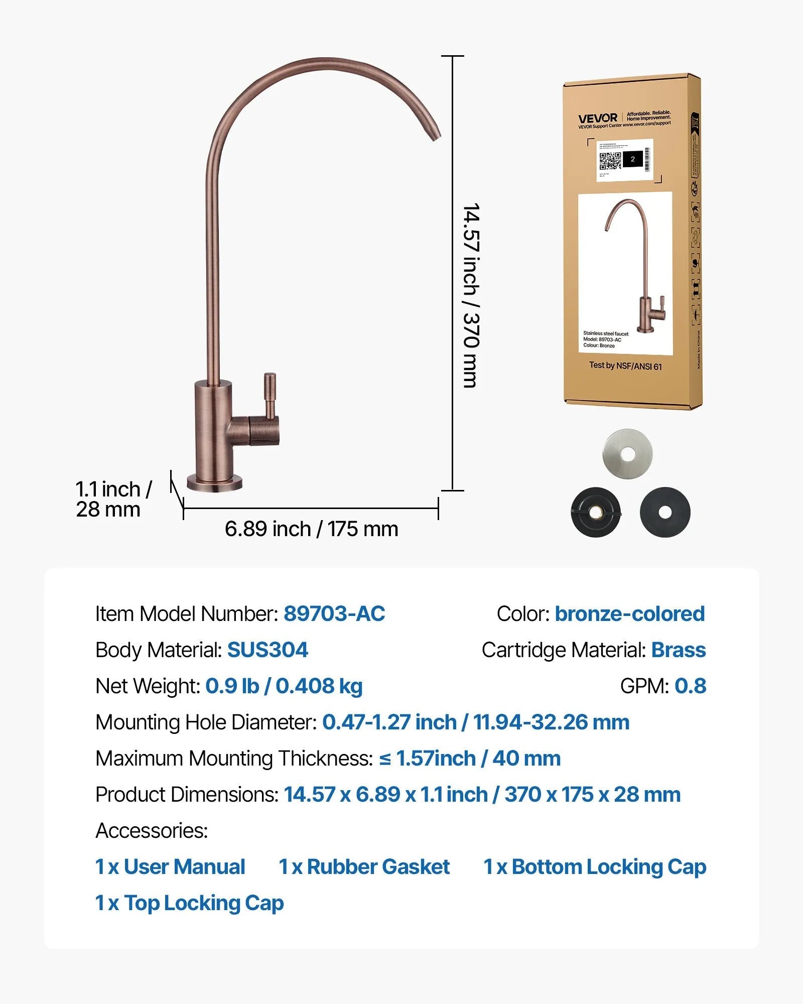 VEVOR Ro Water Faucet, Lead-Free Stainless Steel Faucet, Drinking Water Faucets with Solid Brass Valve, Anti-Rust & Durability Drinking Water Faucets For Kitchen, Bar Counter, Cafe, Antique Bronze 