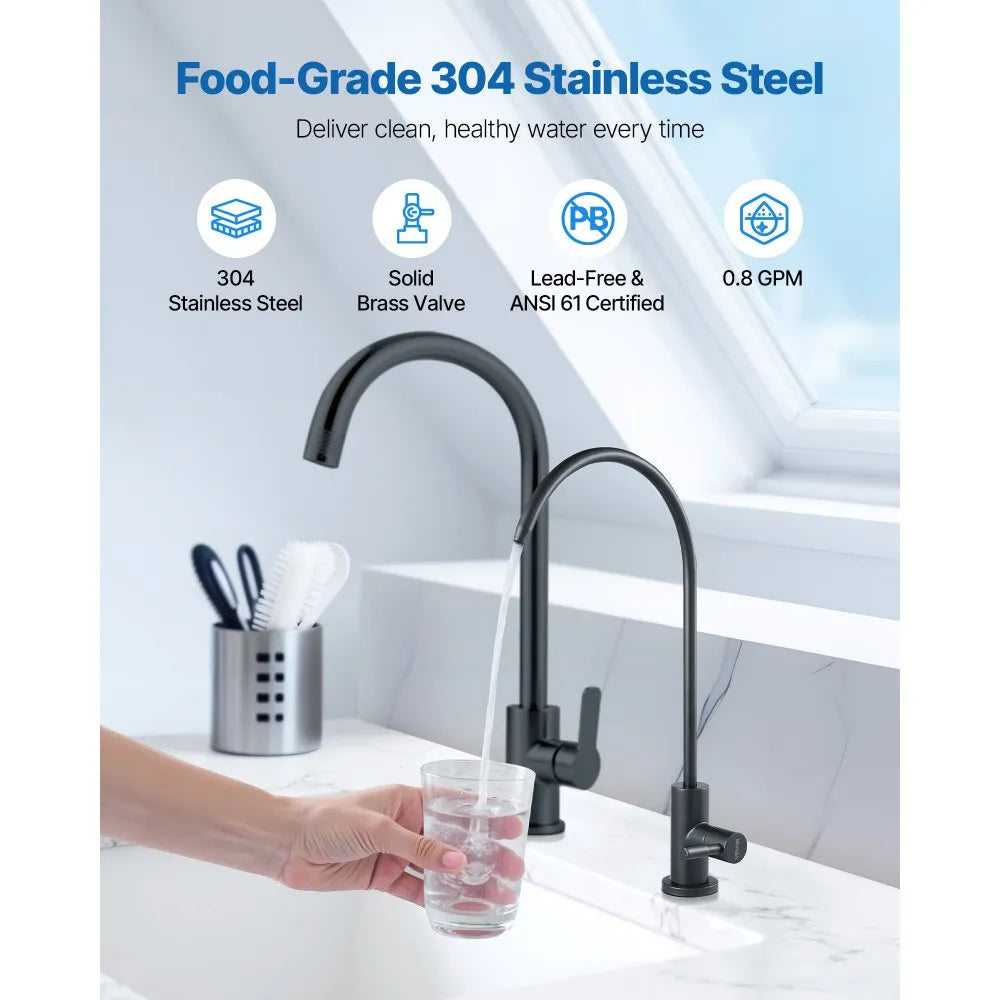 VEVOR Stainless Steel Faucet, Lead-Free Water Purifier Faucets, Reverse Osmosis Faucet with Solid Brass Valve, High Arch Drinking Water Faucets For Kitchen Sink, Bar Counter, Cafe Shop, Matte Black 
