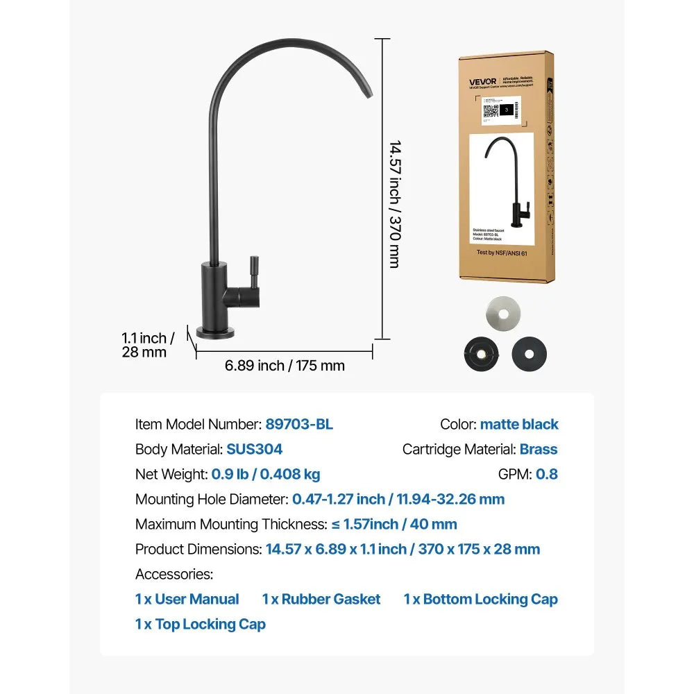 VEVOR Stainless Steel Faucet, Lead-Free Water Purifier Faucets, Reverse Osmosis Faucet with Solid Brass Valve, High Arch Drinking Water Faucets For Kitchen Sink, Bar Counter, Cafe Shop, Matte Black 
