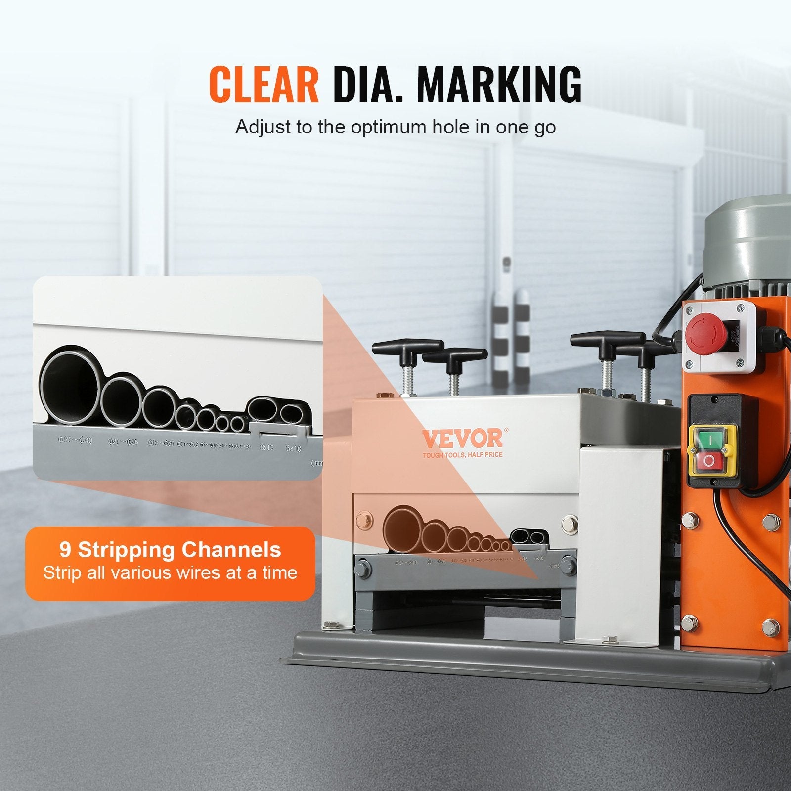 VEVOR Automatic Wire Stripping Machine, 0.06''-1.57'' Electric Motorized Cable Stripper, 1500 W, 88 ft/min Wire Peeler with Double Blades (Cut/Peel), 9 Channels for Scrap Copper Recycling 