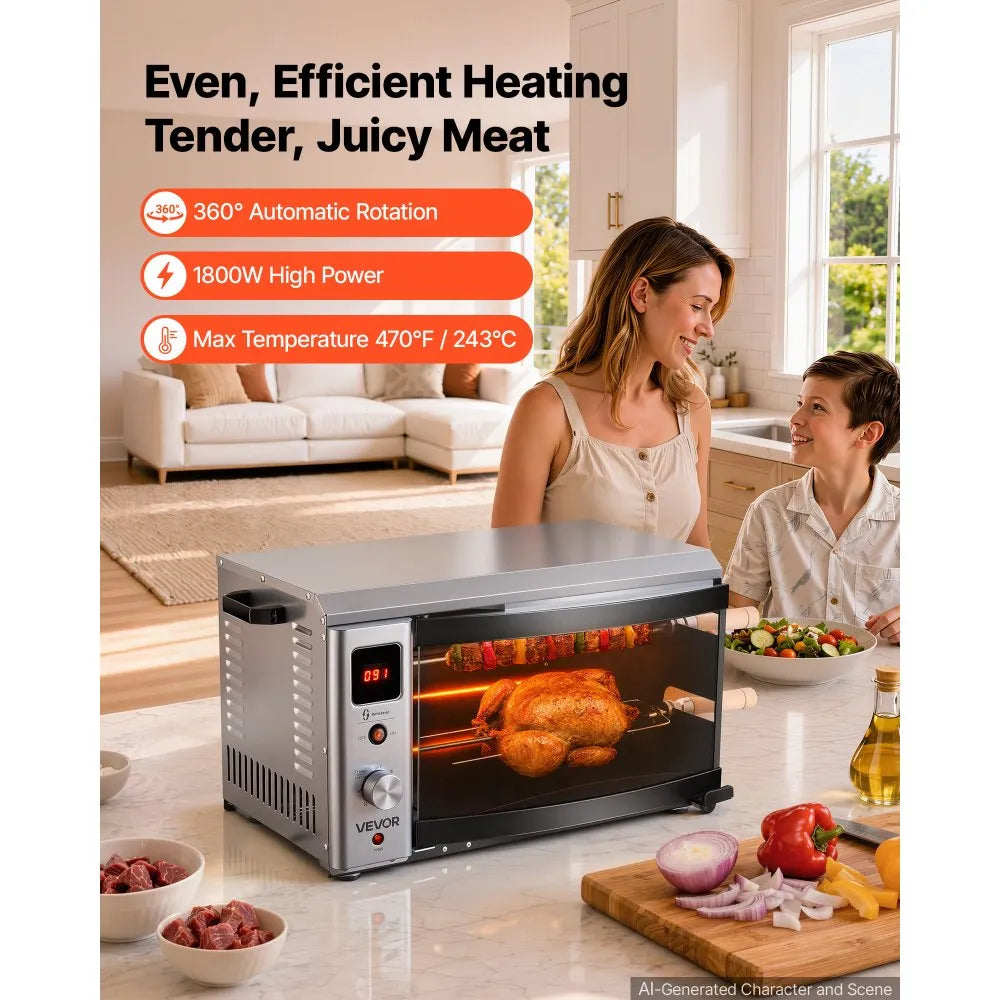 Countertop Vertical Oven Brazilian Flame 2 Auto Rotating Skewers, 1800W Electric Rotisserie Shawarma Machine