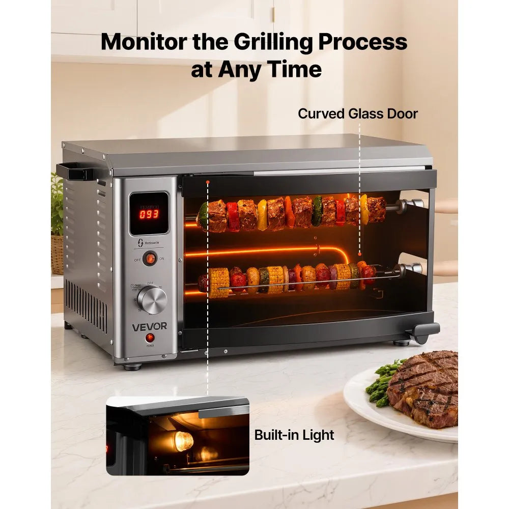 Countertop Vertical Oven Brazilian Flame 2 Auto Rotating Skewers, 1800W Electric Rotisserie Shawarma Machine