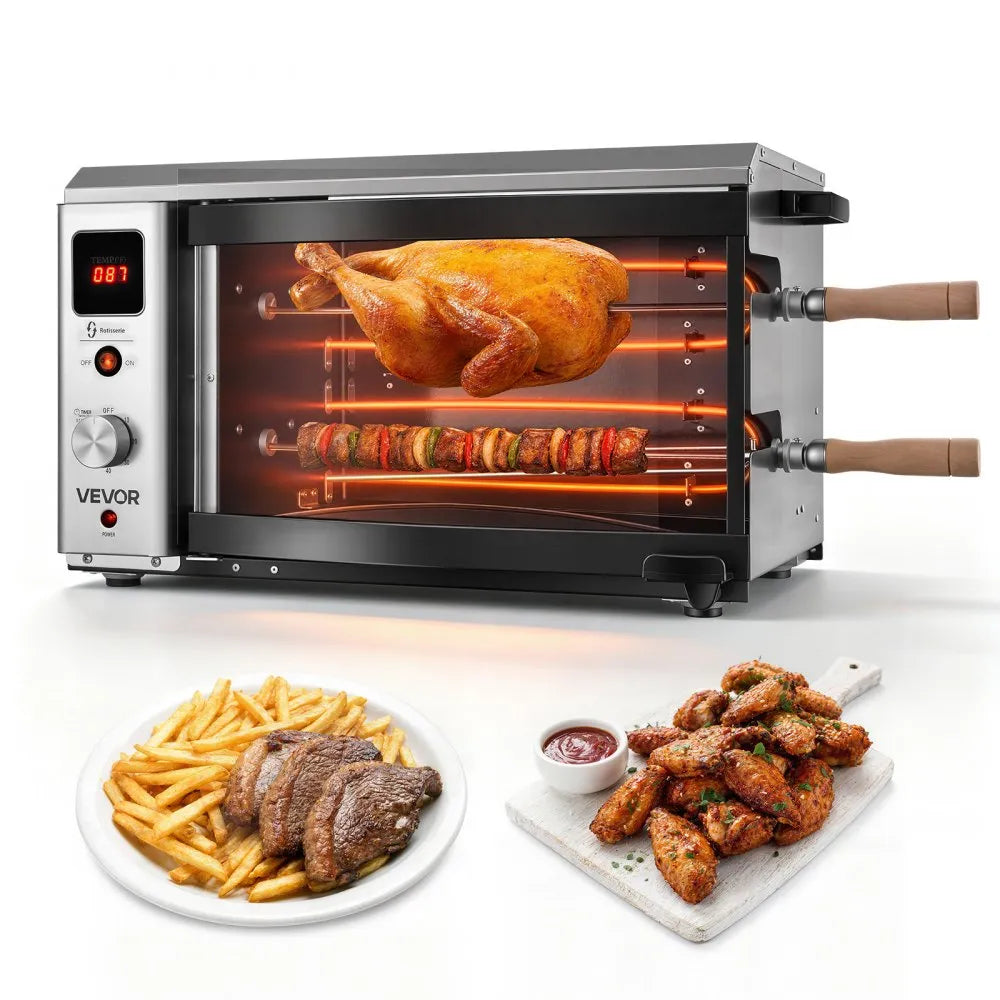 Countertop Vertical Oven Brazilian Flame 2 Auto Rotating Skewers, 1800W Electric Rotisserie Shawarma Machine