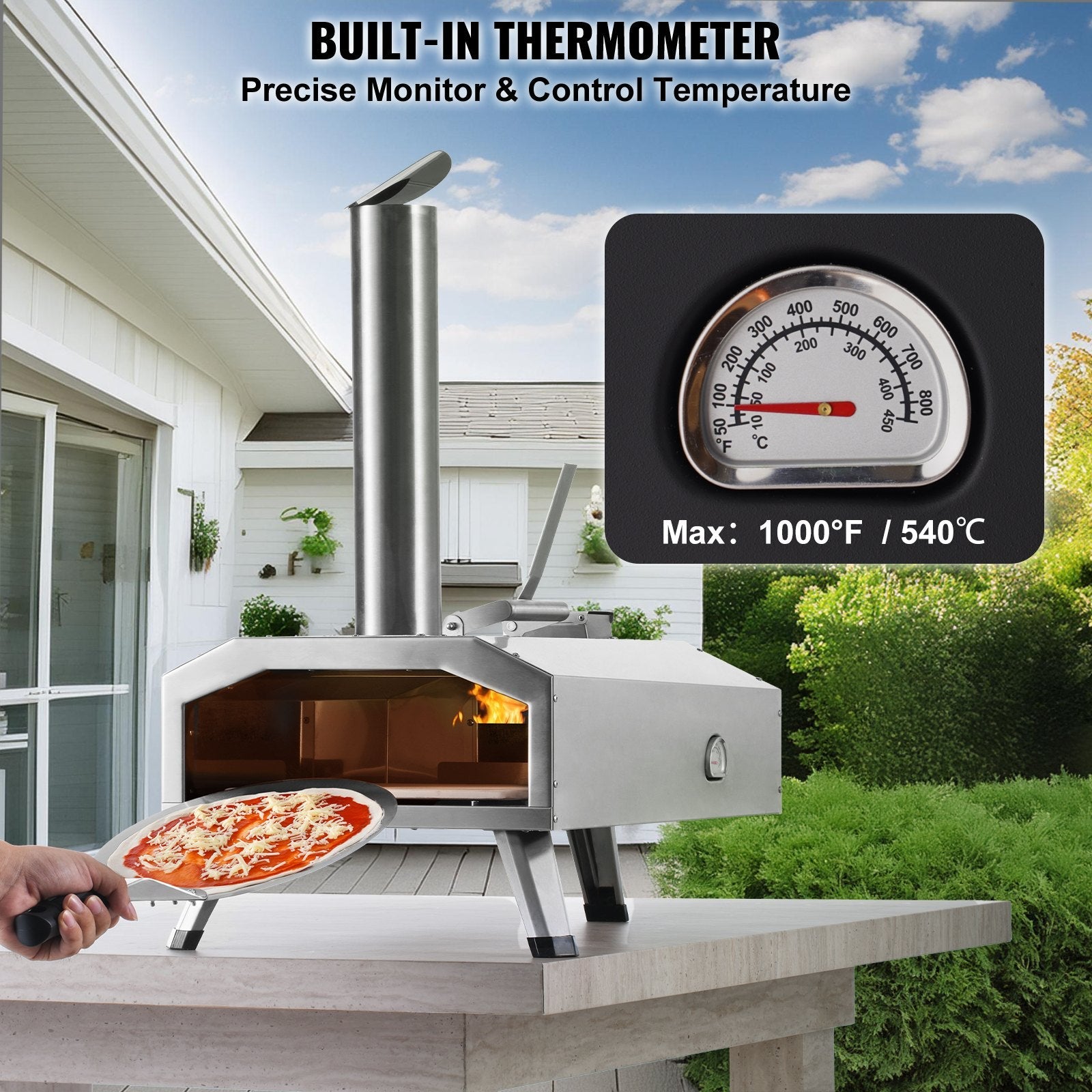 VEVOR 12" Outdoor Pizza Oven Portable Wood Pellet Pizza Oven Stainless Steel BBQ 