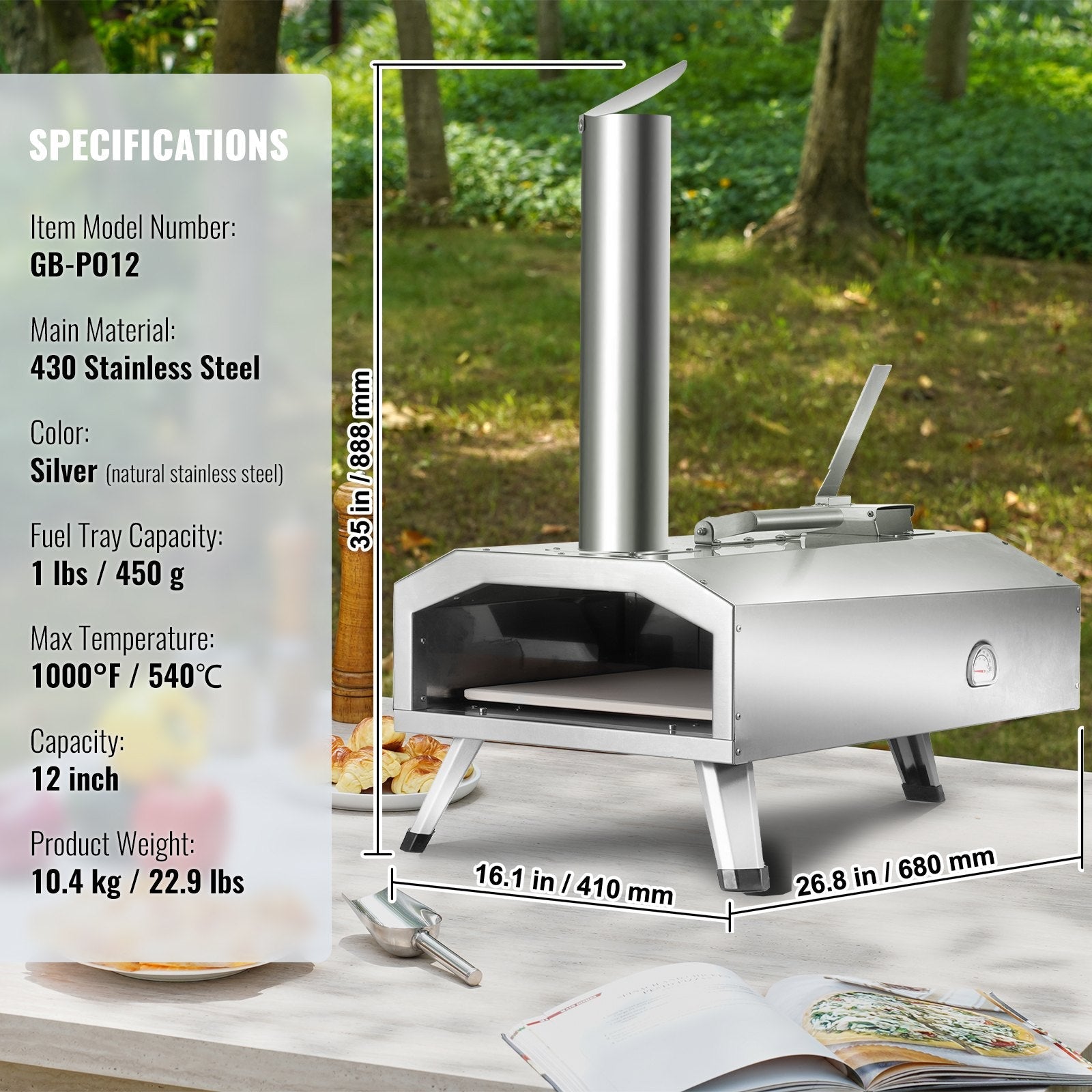 VEVOR 12" Outdoor Pizza Oven Portable Wood Pellet Pizza Oven Stainless Steel BBQ 