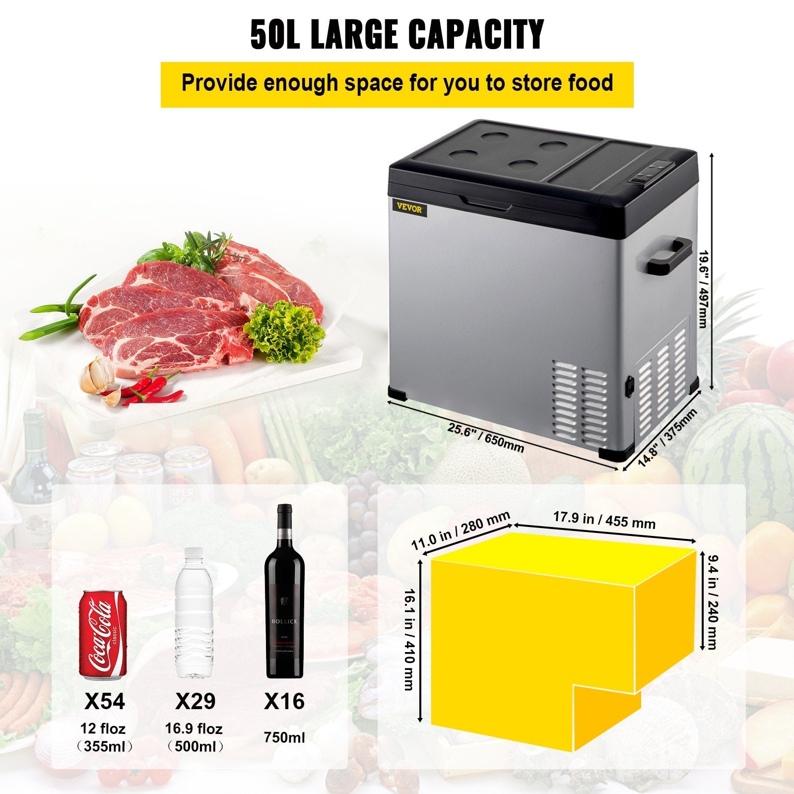 VEVOR Car Refrigerator, 53 Qt, 12v Portable Freezer with Single Zone, 12/24V DC & 110-240V AC Electric Compressor Cooler w/ -4?-68? Cooling Range, for Car Truck Vehicle RV Boat Outdoor & Home use 