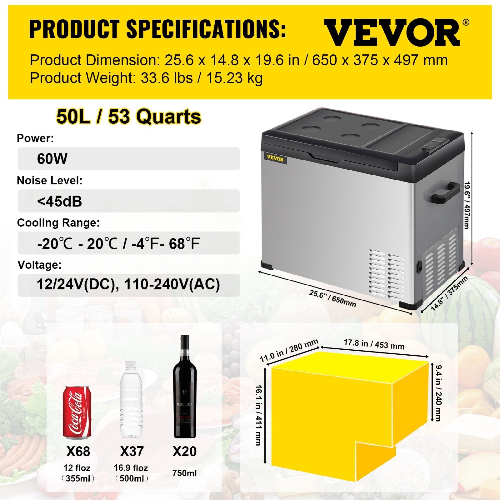 VEVOR Car Refrigerator, 53 Qt, 12v Portable Freezer with Single Zone, 12/24V DC & 110-240V AC Electric Compressor Cooler w/ -4?-68? Cooling Range, for Car Truck Vehicle RV Boat Outdoor & Home use 