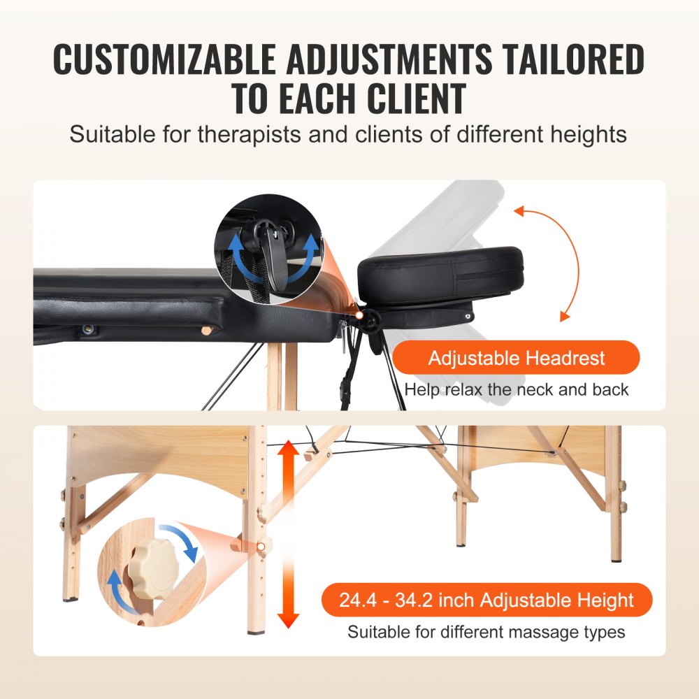 VEVOR Portable Massage Table 28" W, 2 Folding Lightweight Massage Table, 8-Level Height Adjustable Salon Tattoo Bed, Spa Table with Headrest, Armrests, Hand Pallet & Carrying Bag, 600LBS 